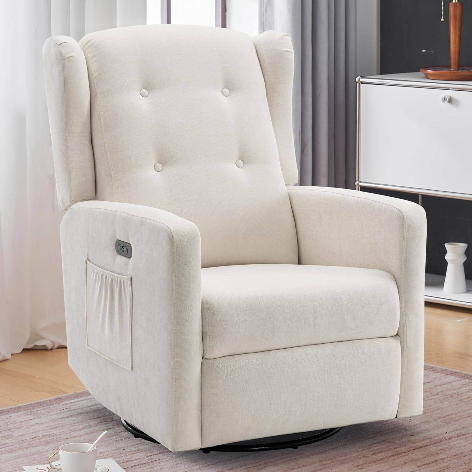 Ketaiyou Power Swivel Rocking Recliner Chair, Electric Rocker Nursery Glider Chair, Usb And Type-C Ports, Upholstered Fabric Rec