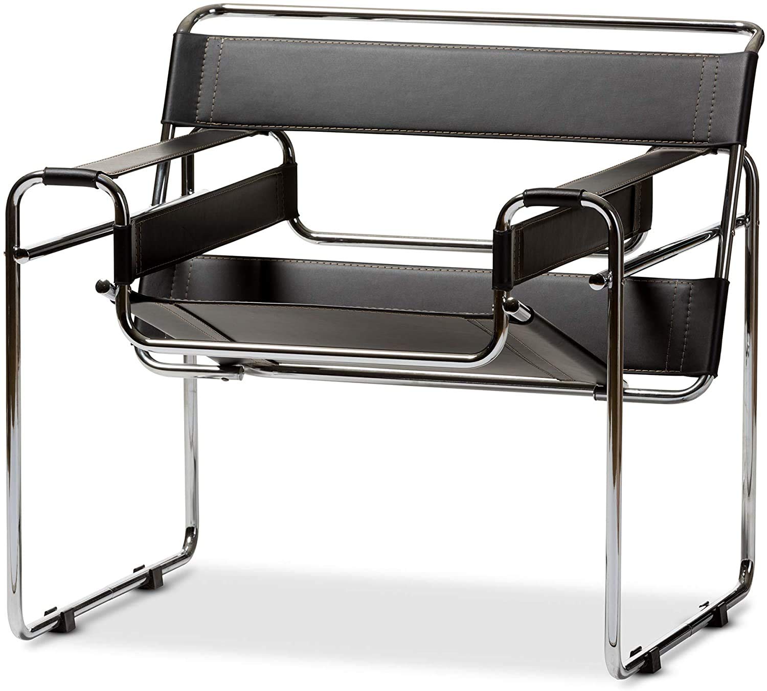 Baxton Studio Modern Leather Accent Chair, Black and Chrome (Set of 2)