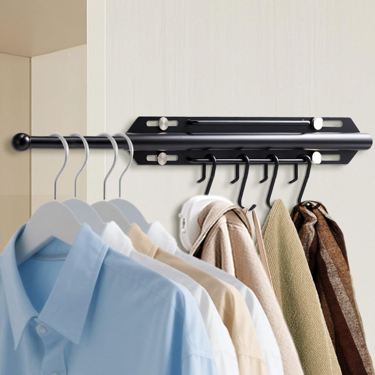 Valet Rod for Closets Pull Out, 2026 Closet Valet Rod Slide Out Black Pull Out Clothes Hanger With 4 Hooks Closet Wardrobe Organ