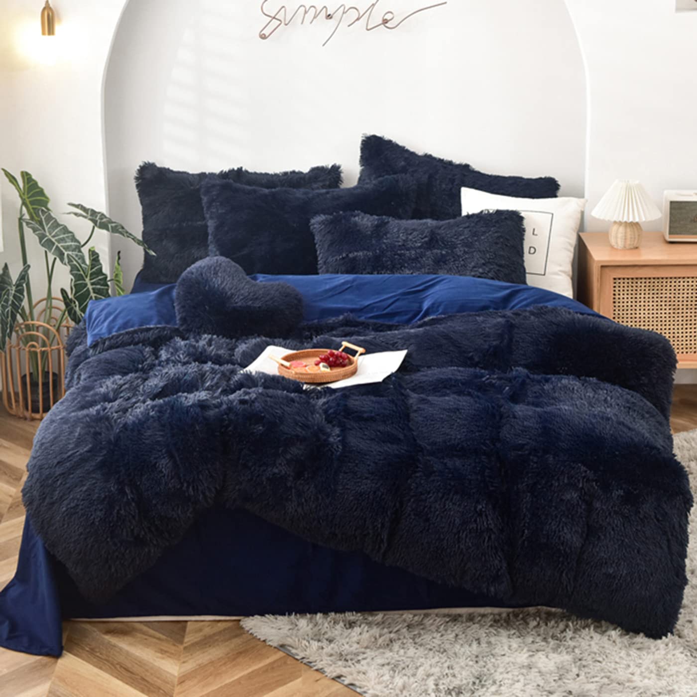 Morromorn 5 Pcs Shaggy Duvet Cover Bedding Set - Long Faux Fur Luxury Ultra Soft Cozy (Navy, King/California King)