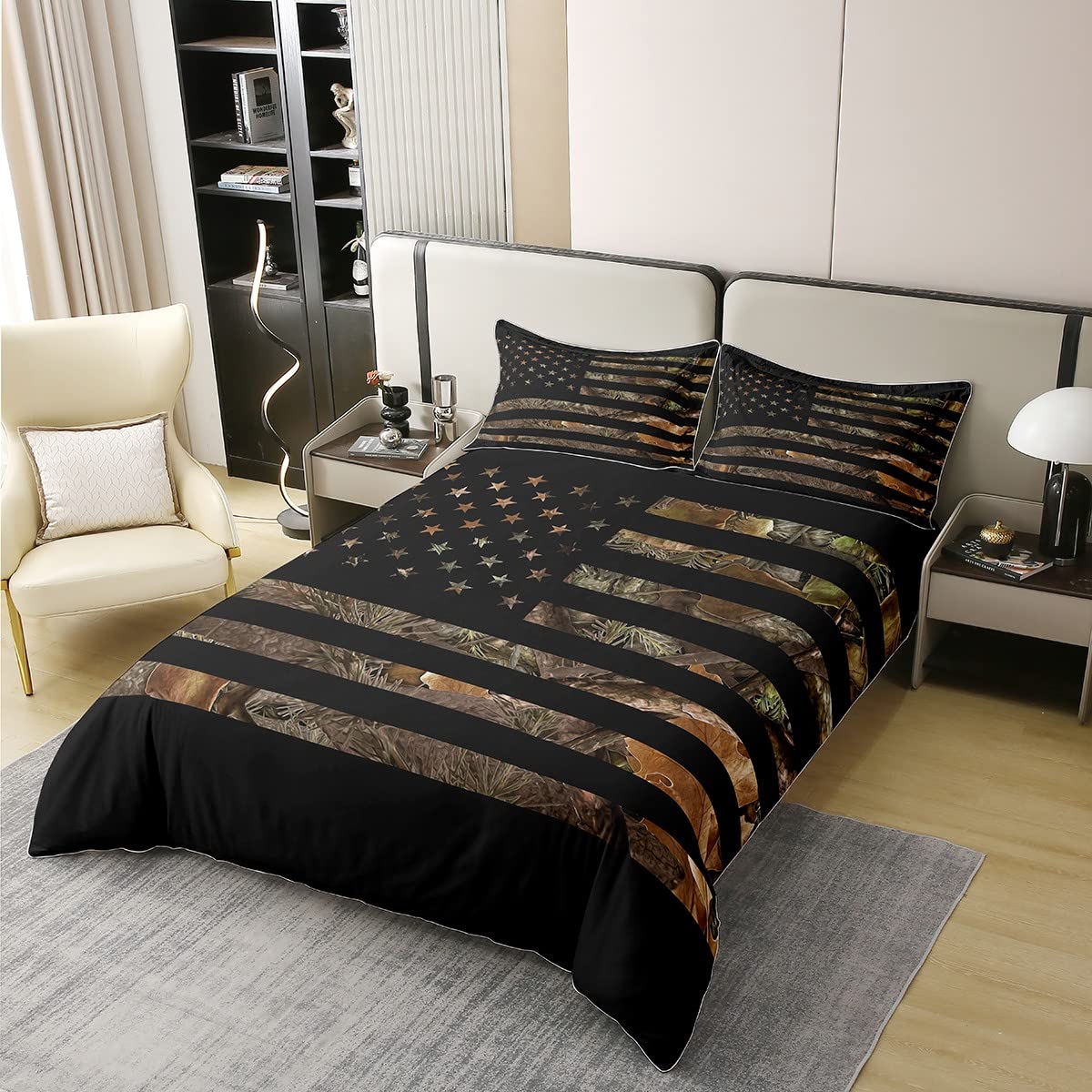 100% Cotton American Flag Camo Bedding Set Queen,Military Hunting Comforter Cover Rustic Trees Leaves Camouflage Duvet Cover For