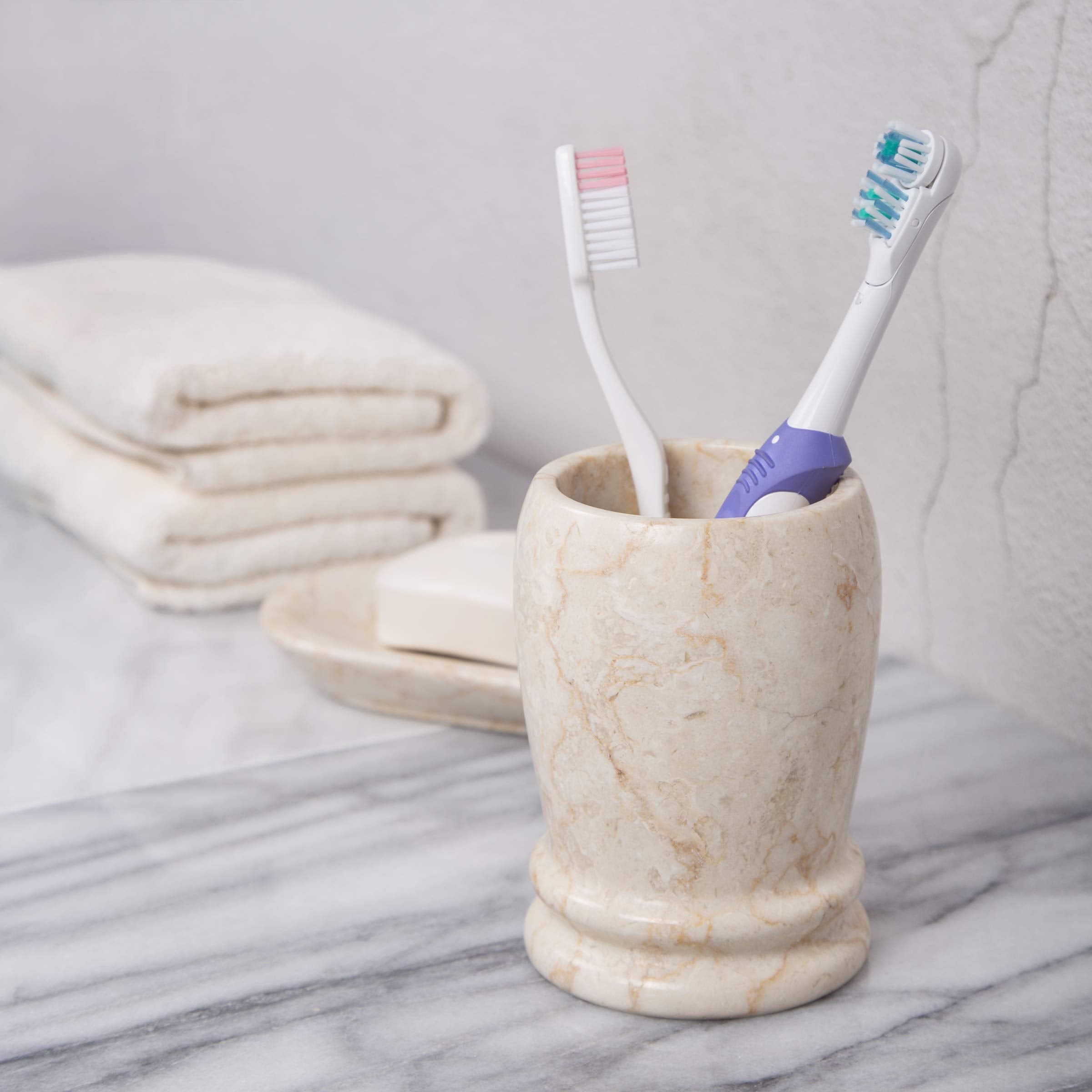 Creative Home Natural Champagne Marble Double Ring Collection Tumbler Toothbrush Holder Makeup Brush Holder Bathroom Vanity Coun