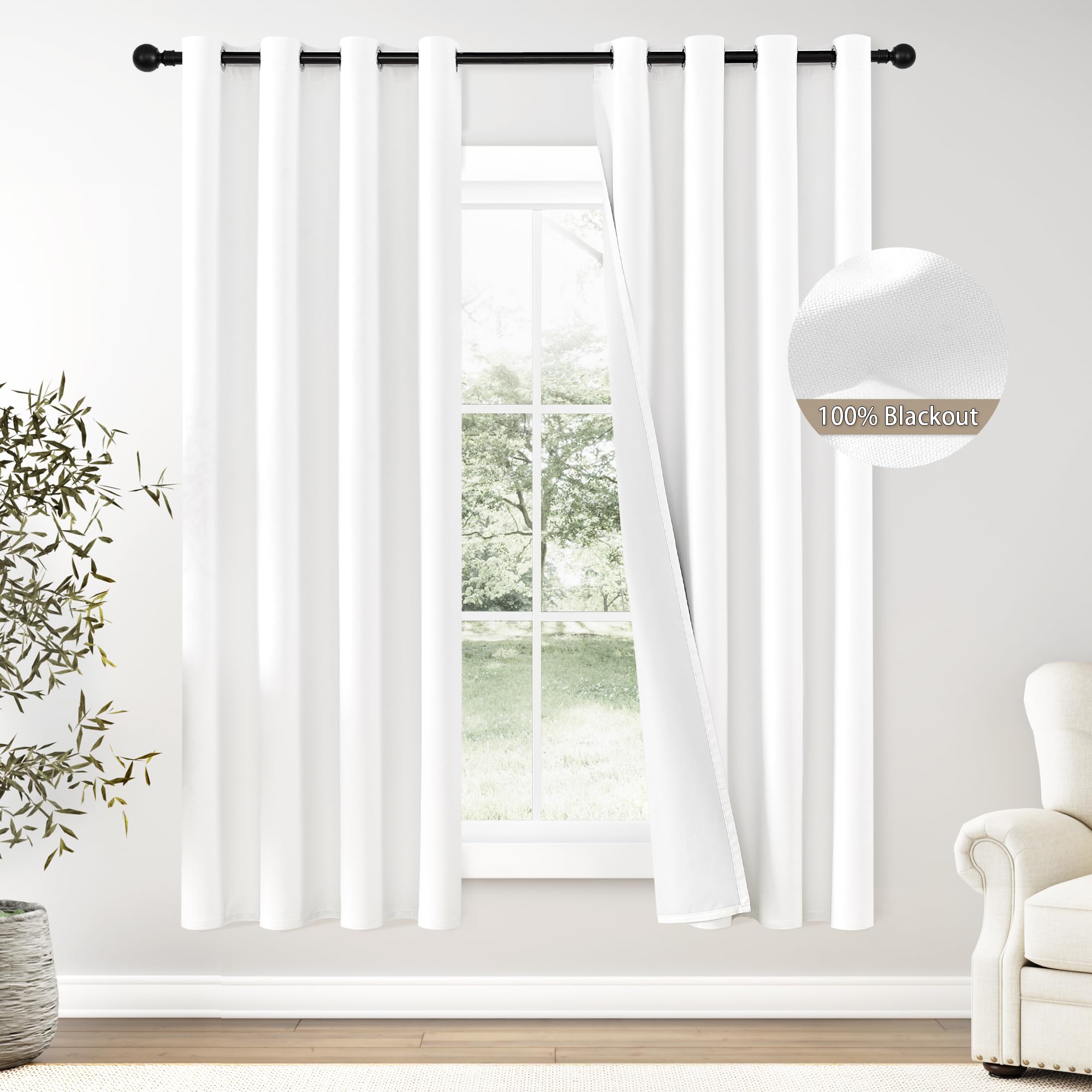 Chrisdowa White Linen Textured 100% Blackout Curtains 72 Inches Length, 2 Panels Set Thermal Insulated Linen Curtains For Living