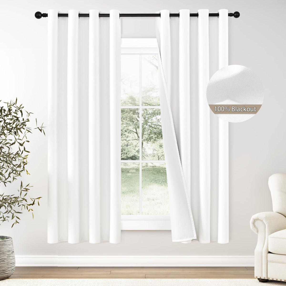 Chrisdowa White Linen Textured 100% Blackout Curtains 72 Inches Length, 2 Panels Set Thermal Insulated Linen Curtains For Living