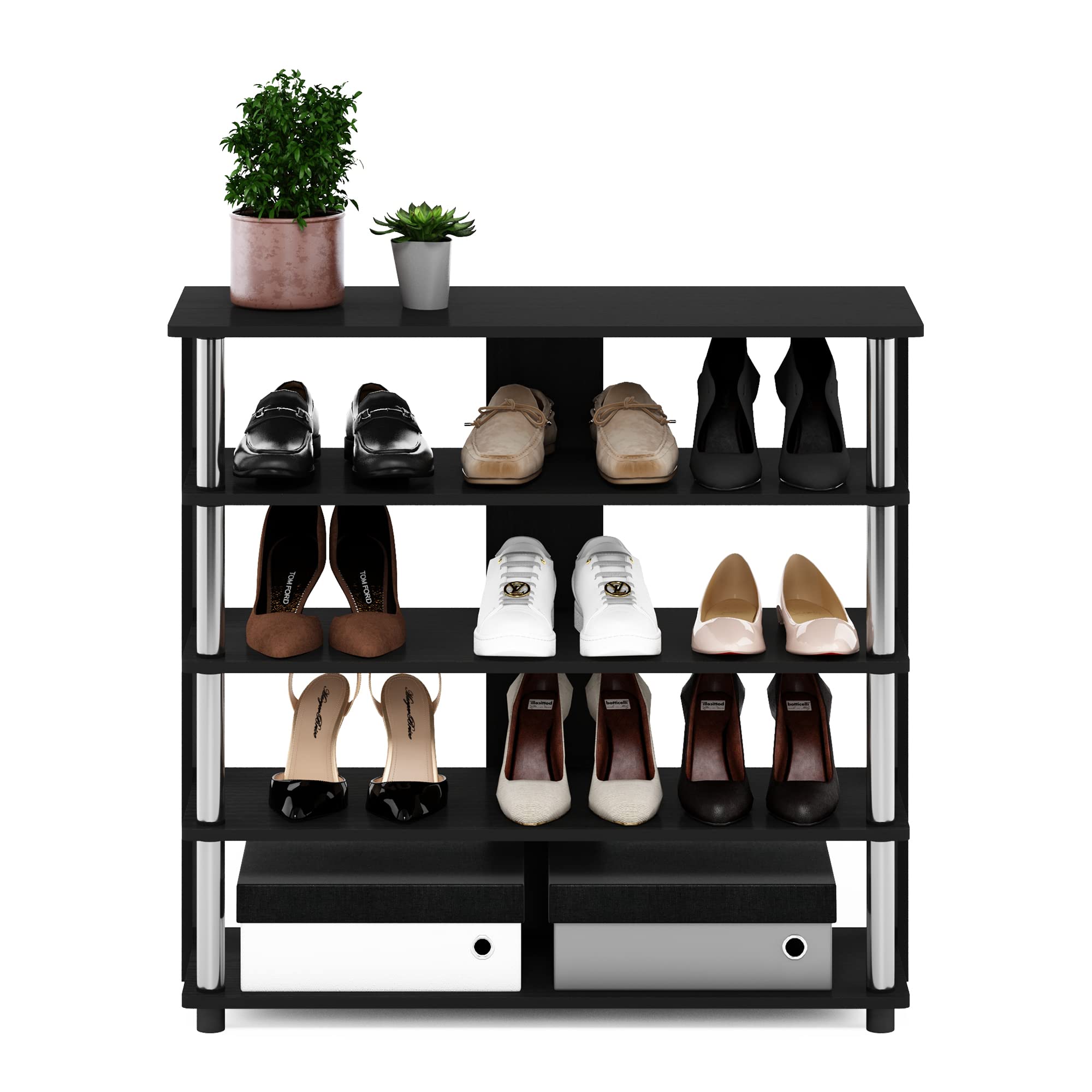 Furinno Turn-N-Tube 5 Tier Wide Shoe Rack, Americano, Stainless Steel Tubes
