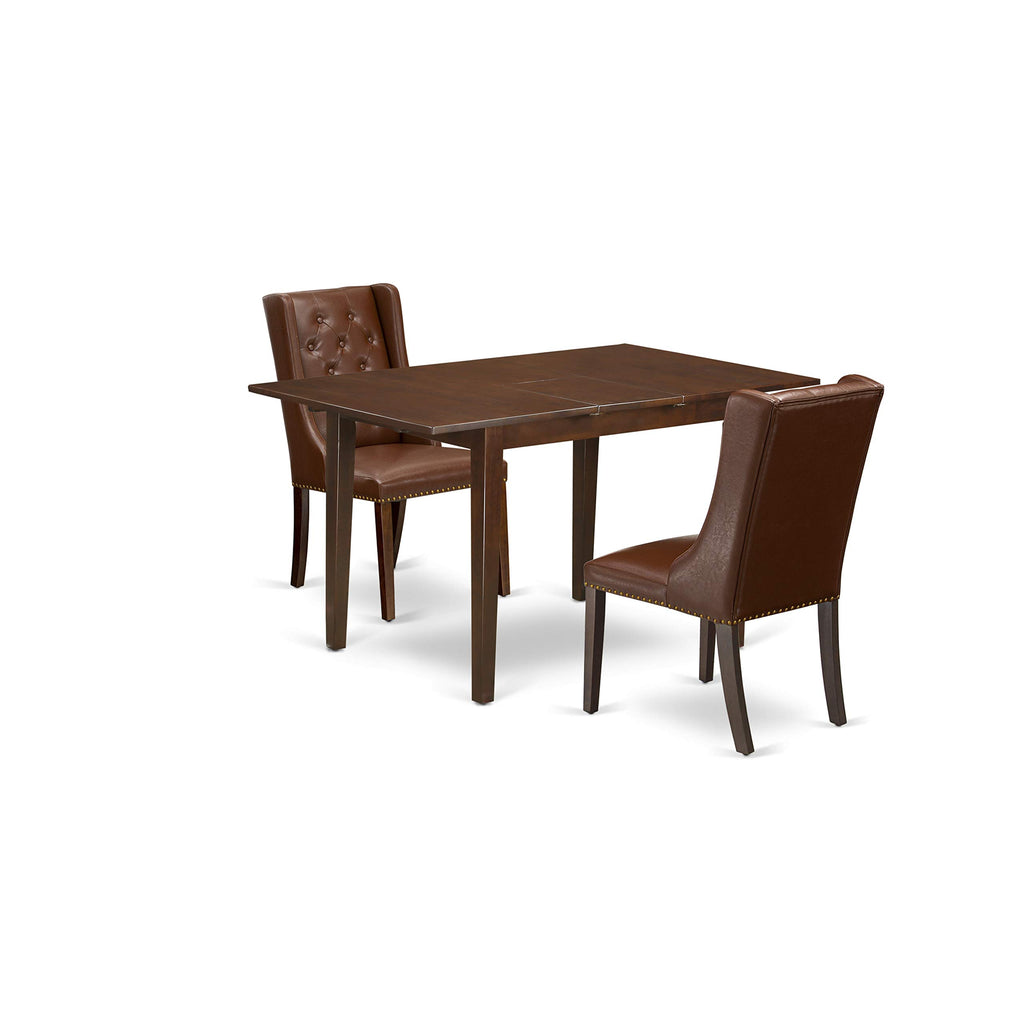 East West Furniture PSFO3-MAH-46 3 Piece Dining Table Set Contains a Rectangle Dinner Table with Butterfly Leaf and 2 Brown Faux Faux Leather Upholstered Chairs, 32x60 Inch, Mahogany