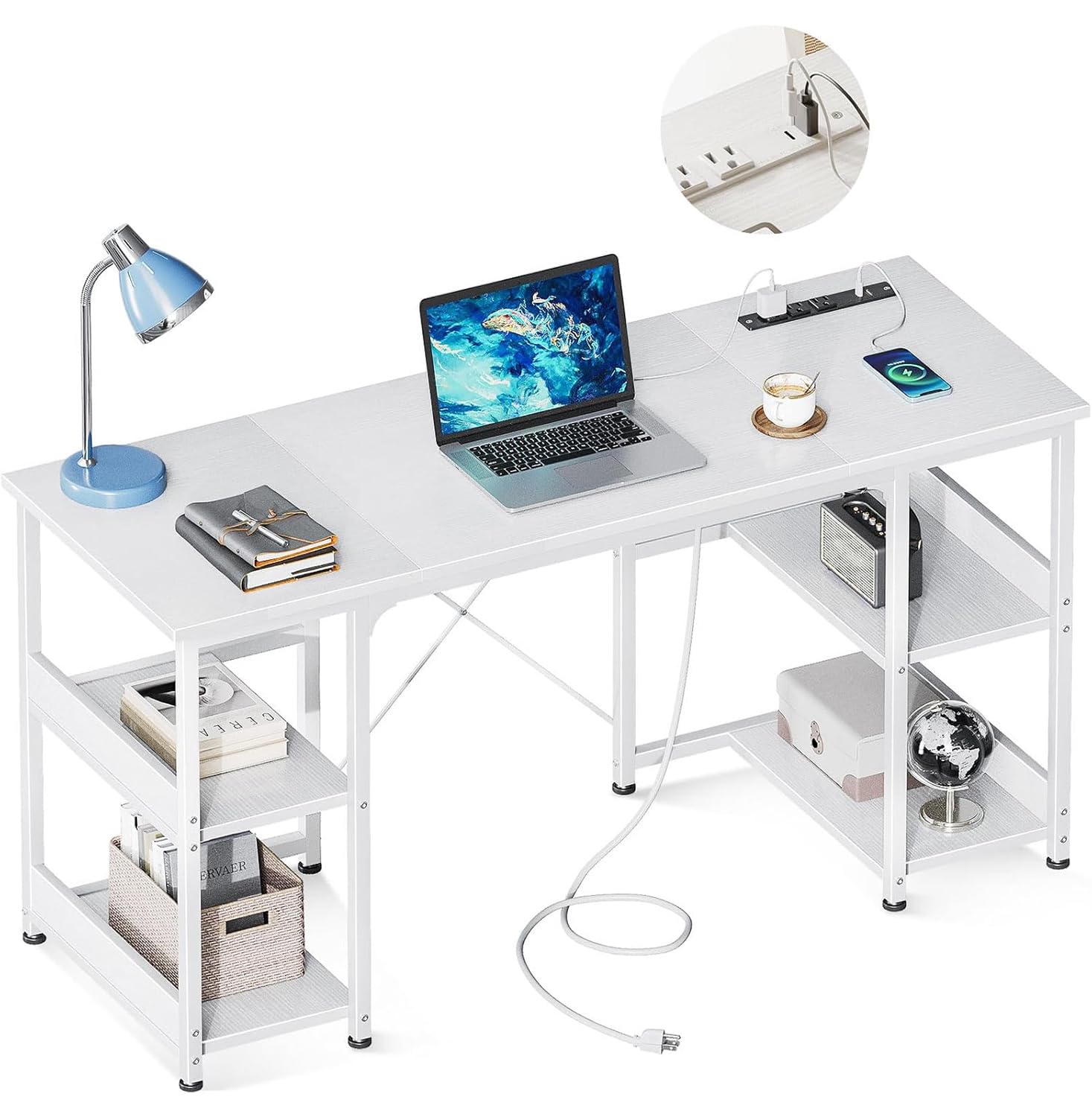 AODK 48 Inch Small Computer Desk with Power Outlets & USB Charging Port, Home Table with Storage Shelves, Student Laptop PC Desk