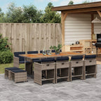 vidaXL Patio Dining Set - 13 Piece Poly Rattan Garden Furniture with Cushions - Gray Outdoor Table, Chairs, and Stools - Rectangular Acacia Wood Top