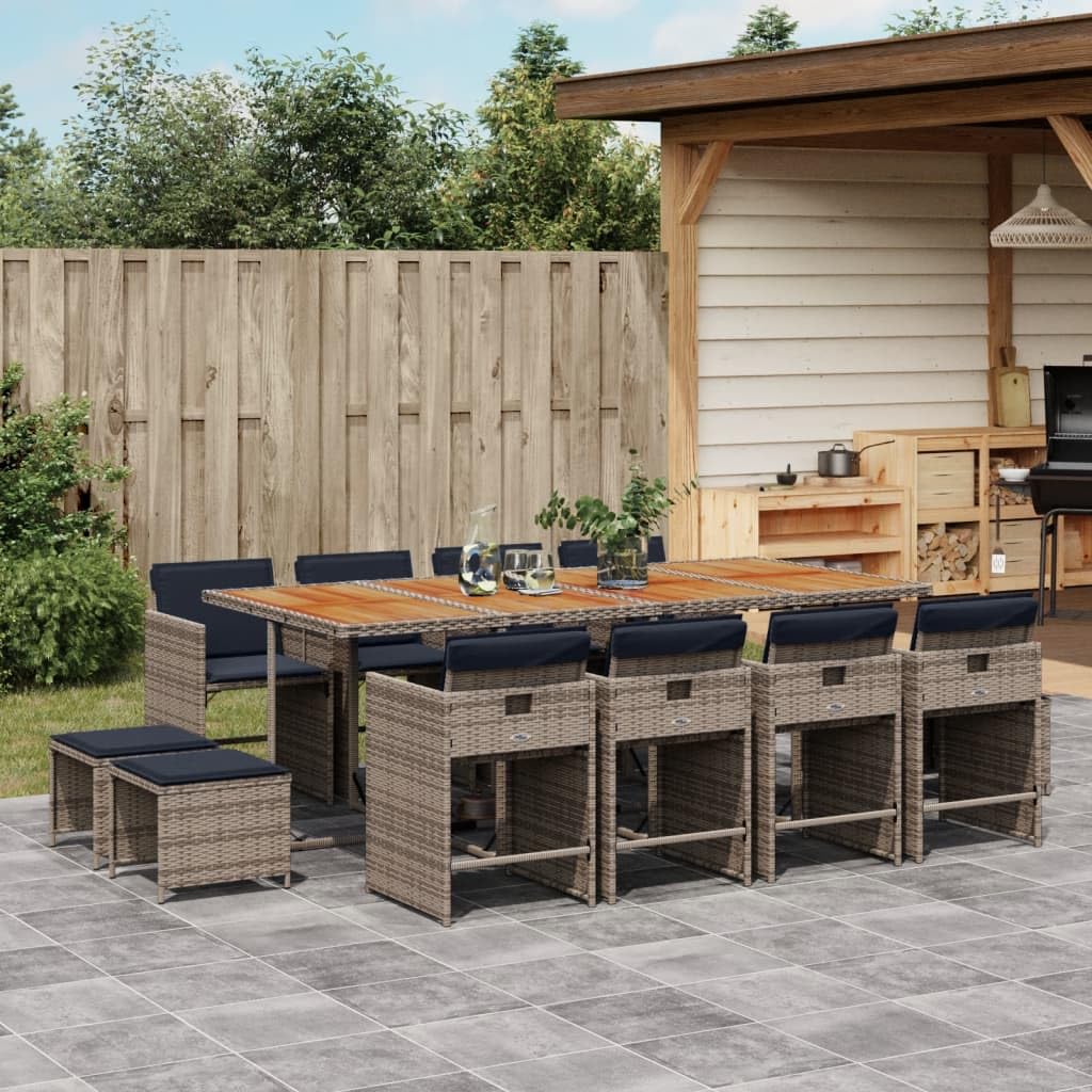 vidaXL Patio Dining Set - 13 Piece Poly Rattan Garden Furniture with Cushions - Gray Outdoor Table, Chairs, and Stools - Rectangular Acacia Wood Top