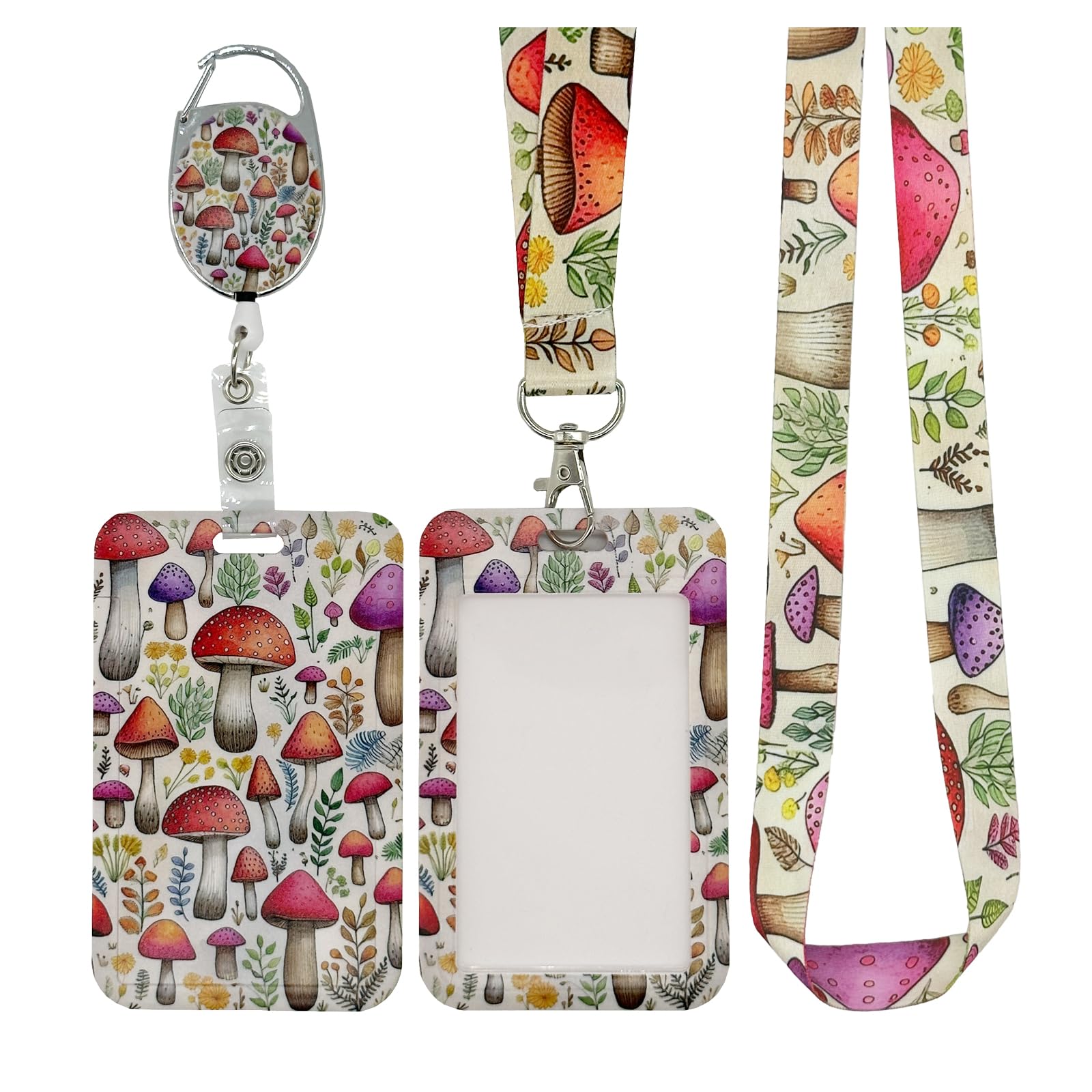 Zostland Mushroom Badge Holder With Heavy Duty Retractable Reel And Lanyard, 3 In 1 Plastic Id Case With Carabiner Clip,Card Pro