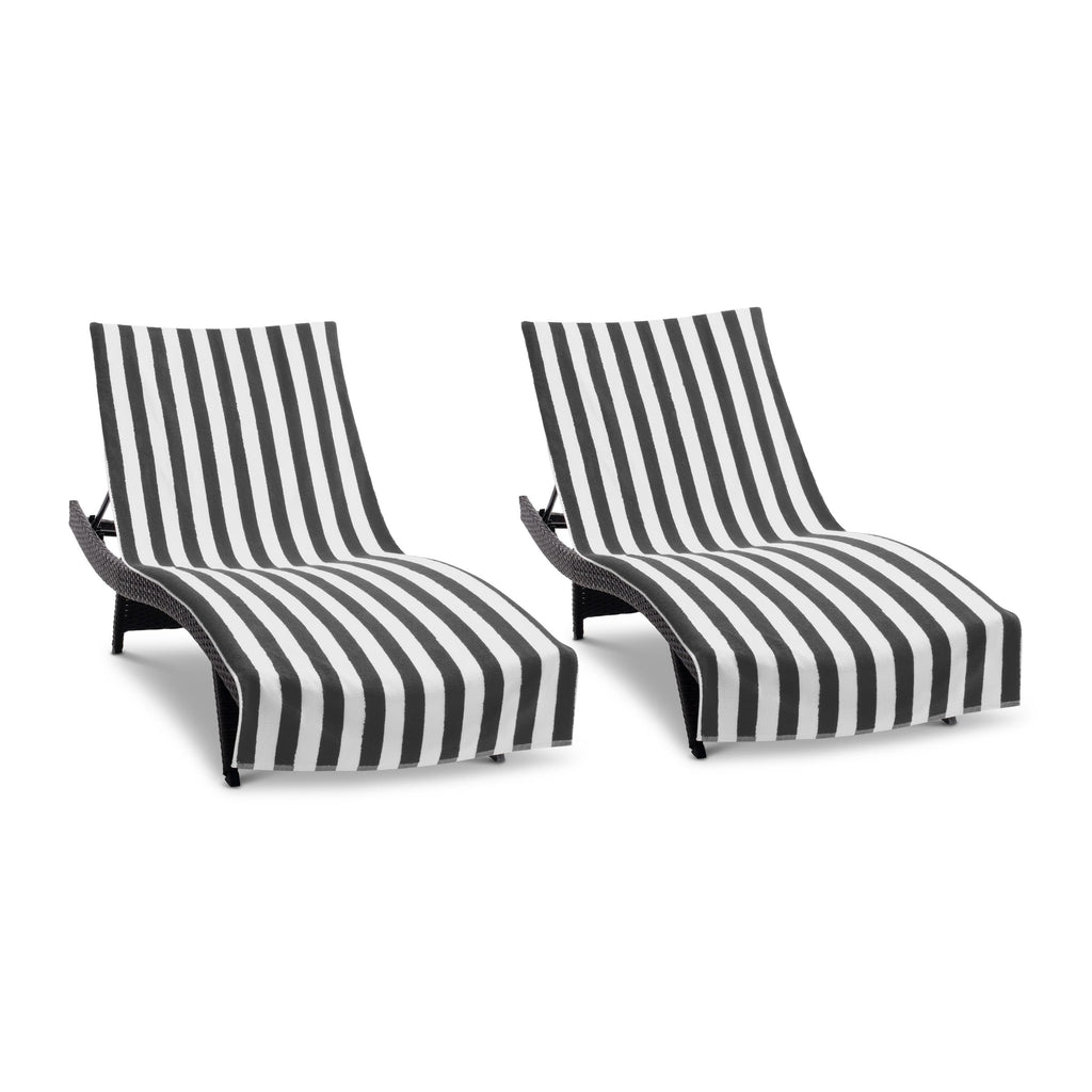 Arkwright California Chaise Lounge Cover - Pack Of 2 - Striped Soft Cotton Cabana Towel With Pocket Holder For Beach Pool Outdoor Chair, 30 X 85 In., Black