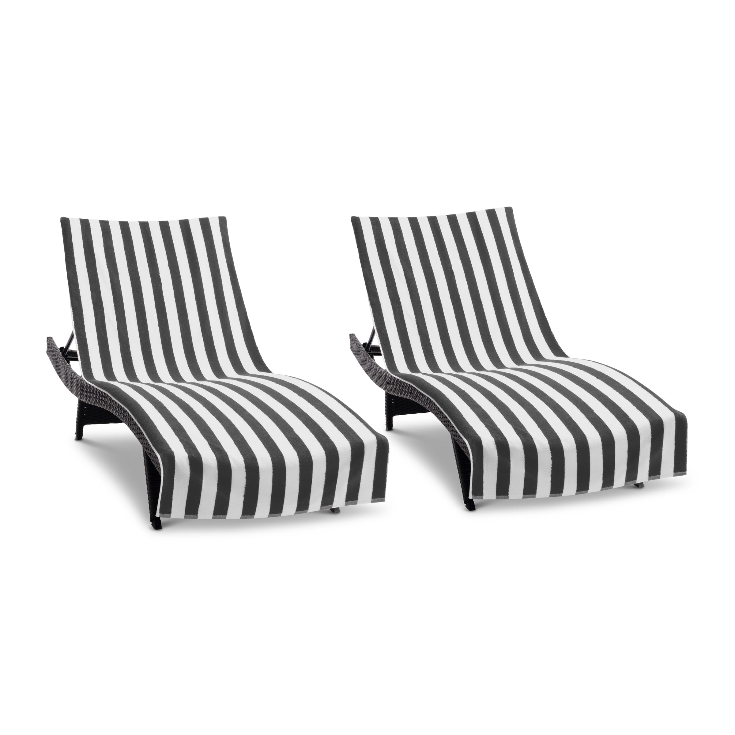 Arkwright California Chaise Lounge Cover - Pack Of 2 - Striped Soft Cotton Cabana Towel With Pocket Holder For Beach Pool Outdoor Chair, 30 X 85 In., Black