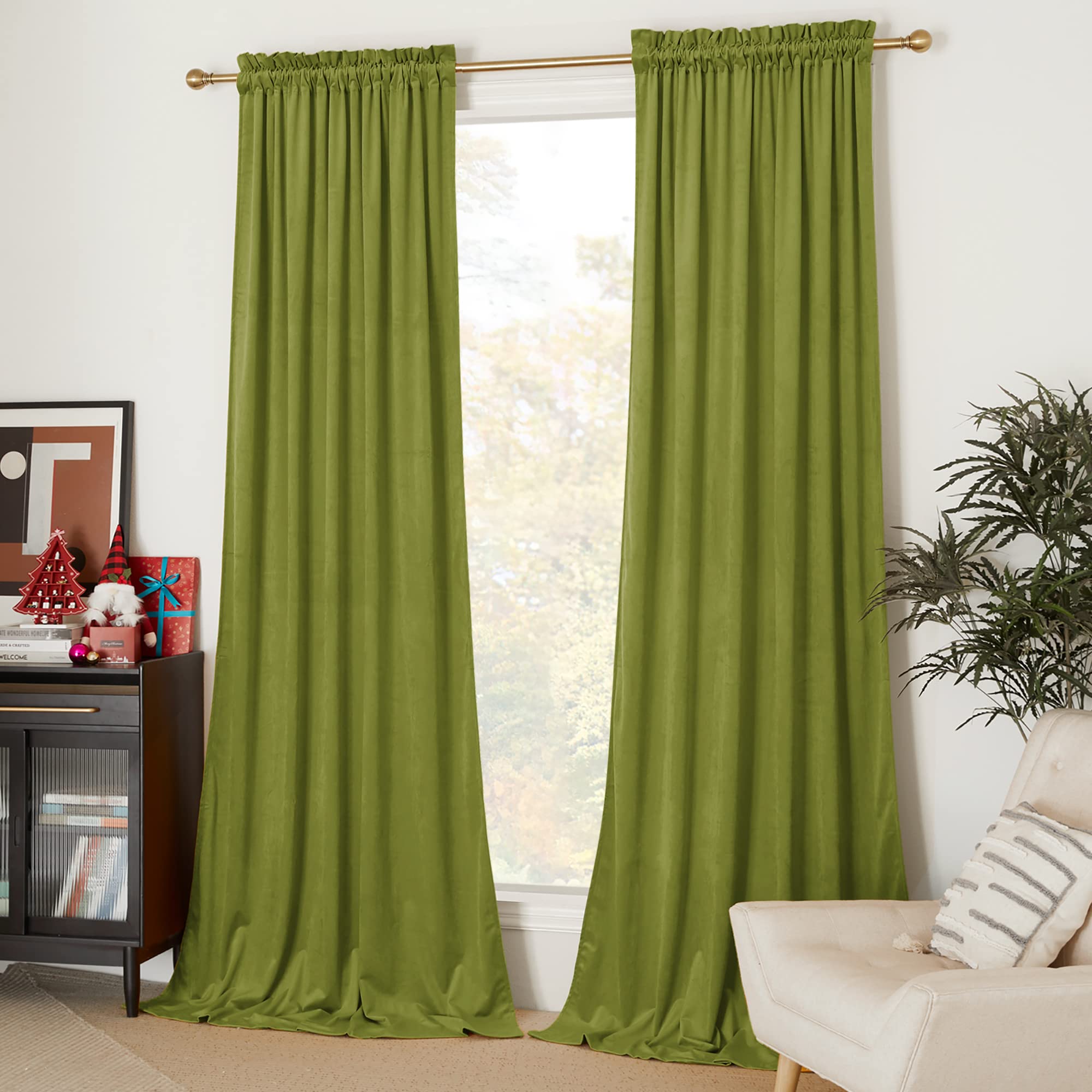Nicetown Olive Green Velvet Drapes For Living Room (2 Panels, 52-Inch Wide X 120-Inch Long), Thermal Insulated Noise Reducing Ve