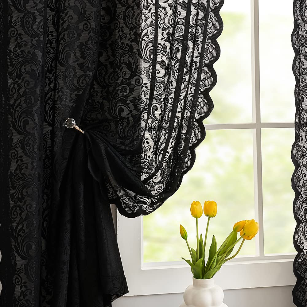 Aligogo Black Kitchen Lace Curtains 45 Inch Length Boho Shabby Halloween Kitchen Curtains Short Sheer Curtains For Bathroom Laun