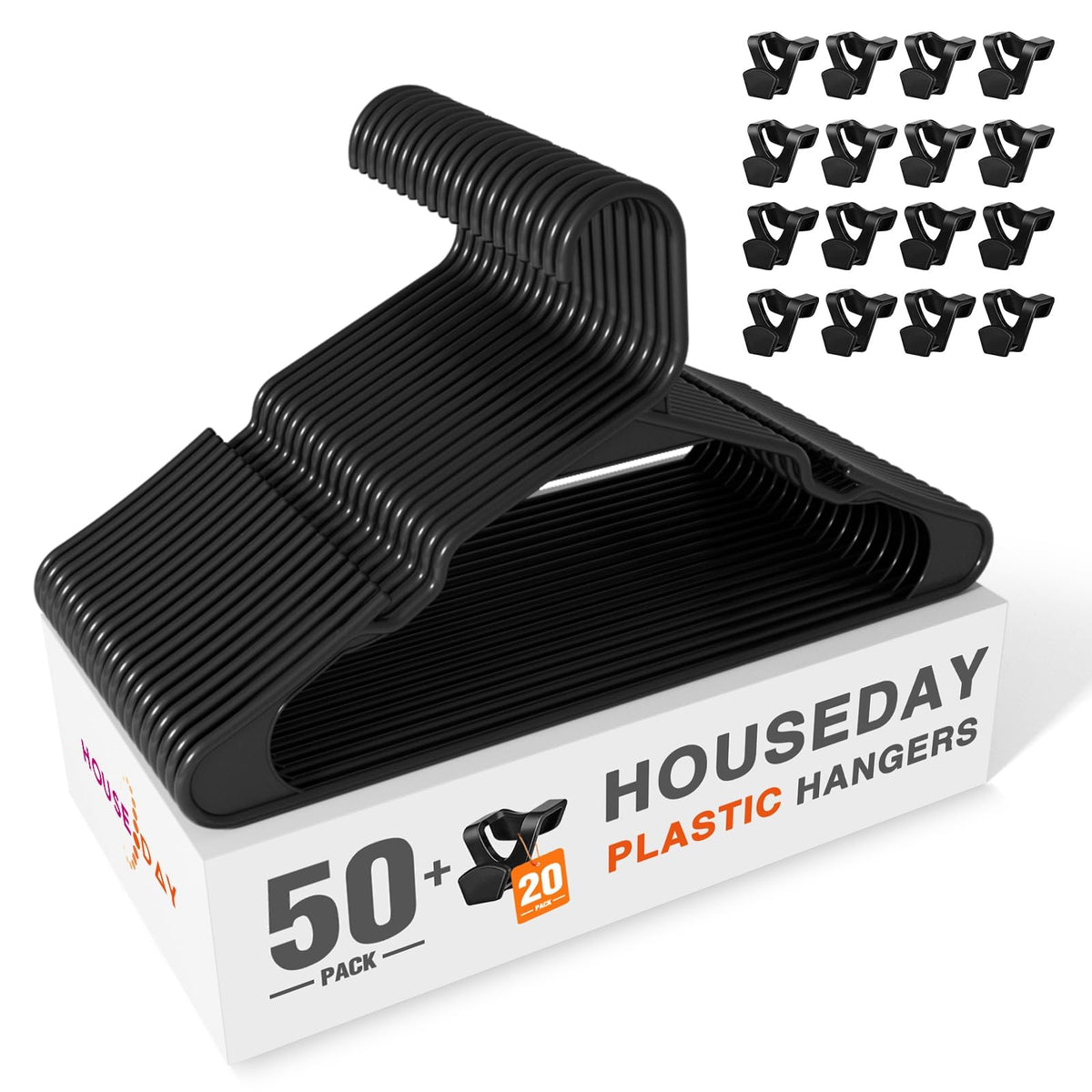 HOUSE DAY Black Plastic Hangers 50 Pack with 20 Pack Hanger Connector Hooks, Premium Slim Clothes Notched Hangers Space Saving, 