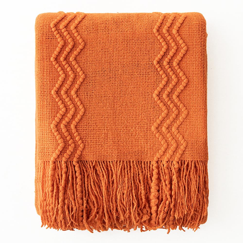 Miulee Burnt Orange Knitted Throw Blanket For Couch Boho Textured Cozy Woven Blanket With Tassels For Sofa Chair Bed Living Room Home Decor Farmhouse Acrylic Wave Pattern 50'X60'