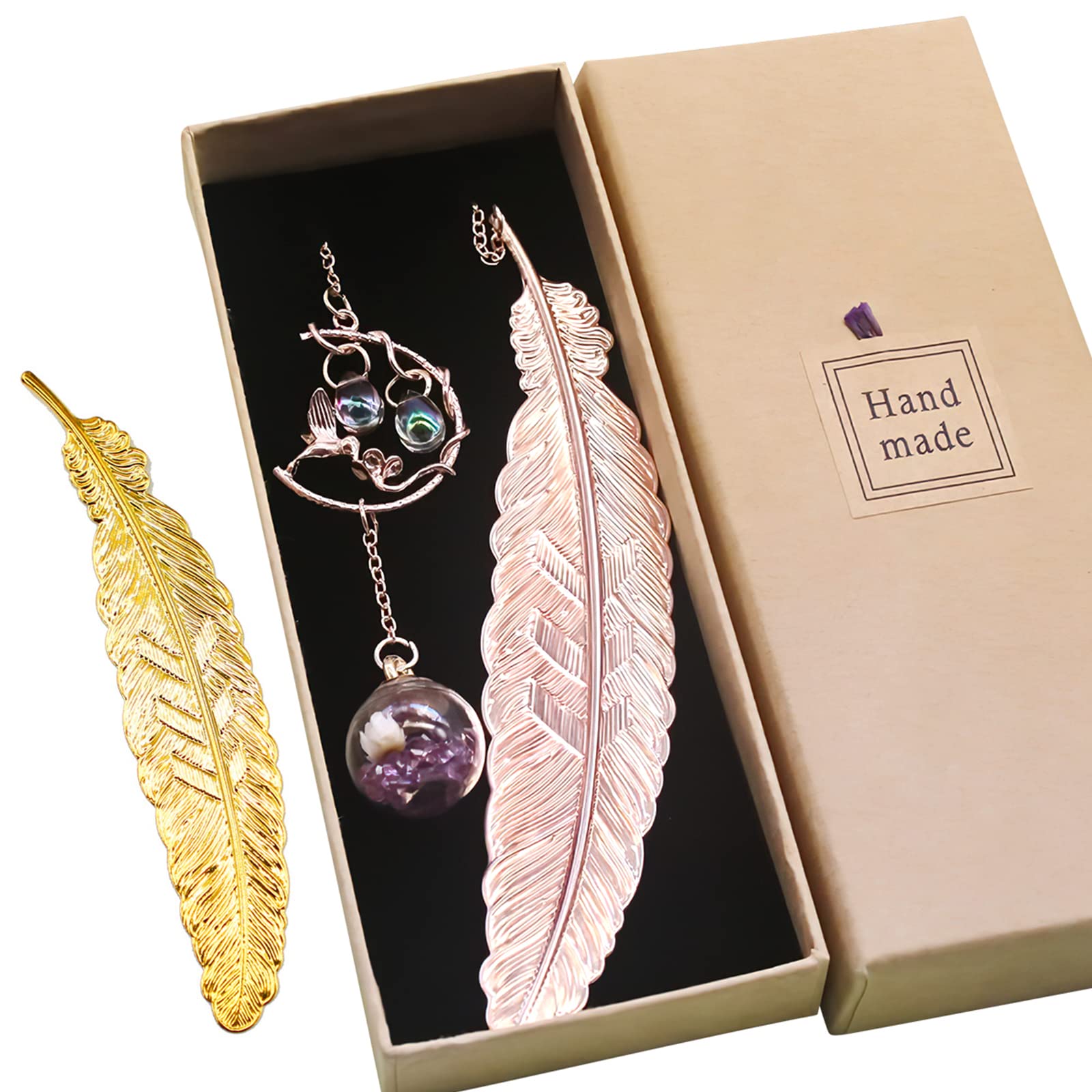 Sayeec Metal Feather Bookmark Rose Gold Bookmarks With 3D Hummingbird Pendant Unique Book Marks Page Marker Teacher Appreciation