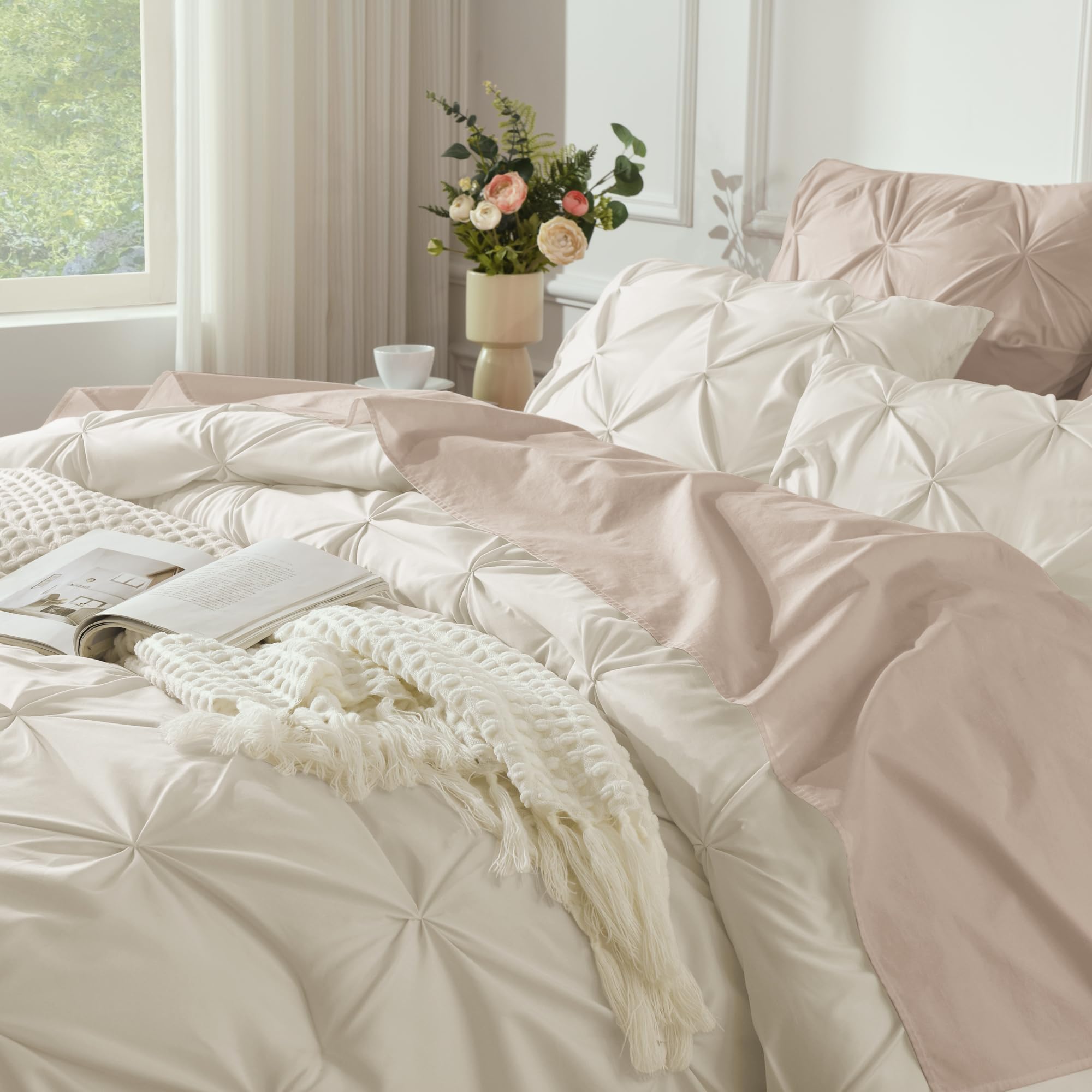 Andency Beige Comforters Queen Size, 3 Pieces Cream Bedding Set & Collections For Women Men, All Season Soft Fluffy Lightweight Pinch Pleat Bed Comforter Set (90X90Inch)