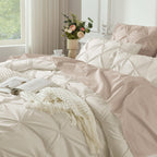 Andency Beige Comforters Queen Size, 3 Pieces Cream Bedding Set & Collections For Women Men, All Season Soft Fluffy Lightweight Pinch Pleat Bed Comforter Set (90X90Inch)