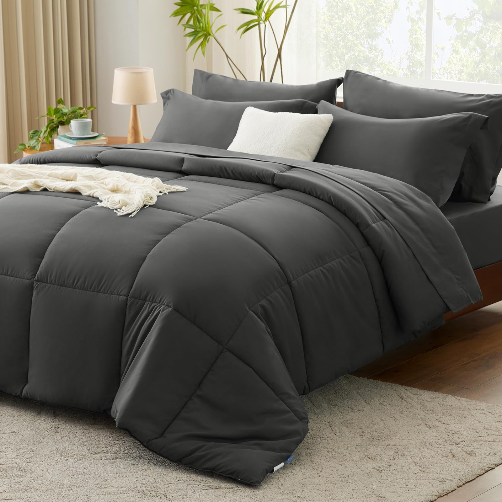 Cozylux Dark Grey Comforter Full Size 7 Pieces Bed In A Bag Set Dark Grey Comforter Set Bedding Sets Full For All Season With Comforter, Flat Sheet, Fitted Sheet, Pillowcases Dark Gray Full