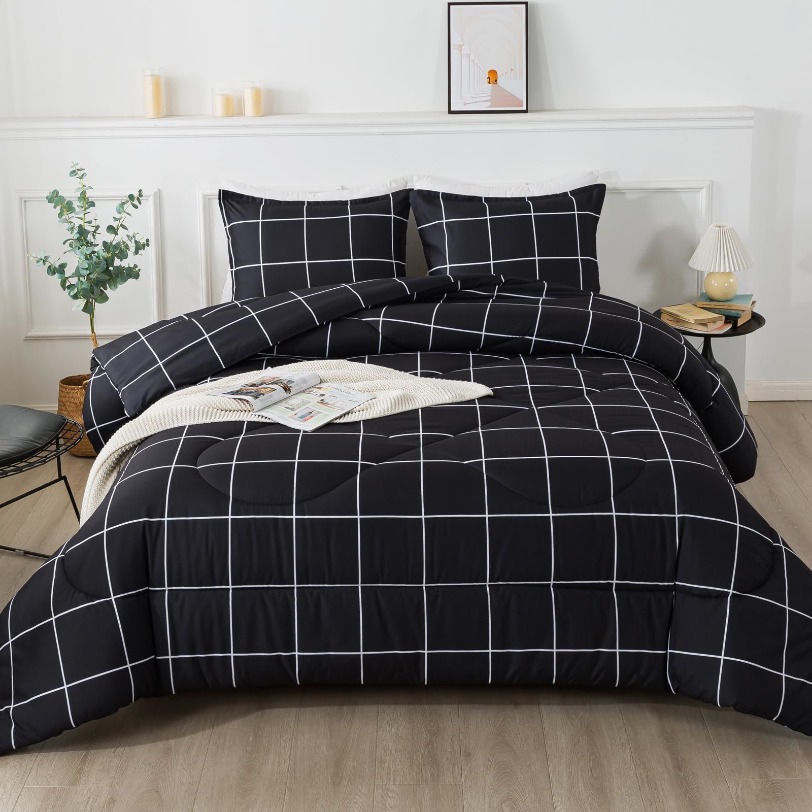 Andency Black Grid Comforter Set King(104X90Inch), 3 Pieces (1 Plaid Comforter And 2 Pillowcases) Black Plaid Comforter Set, Lig