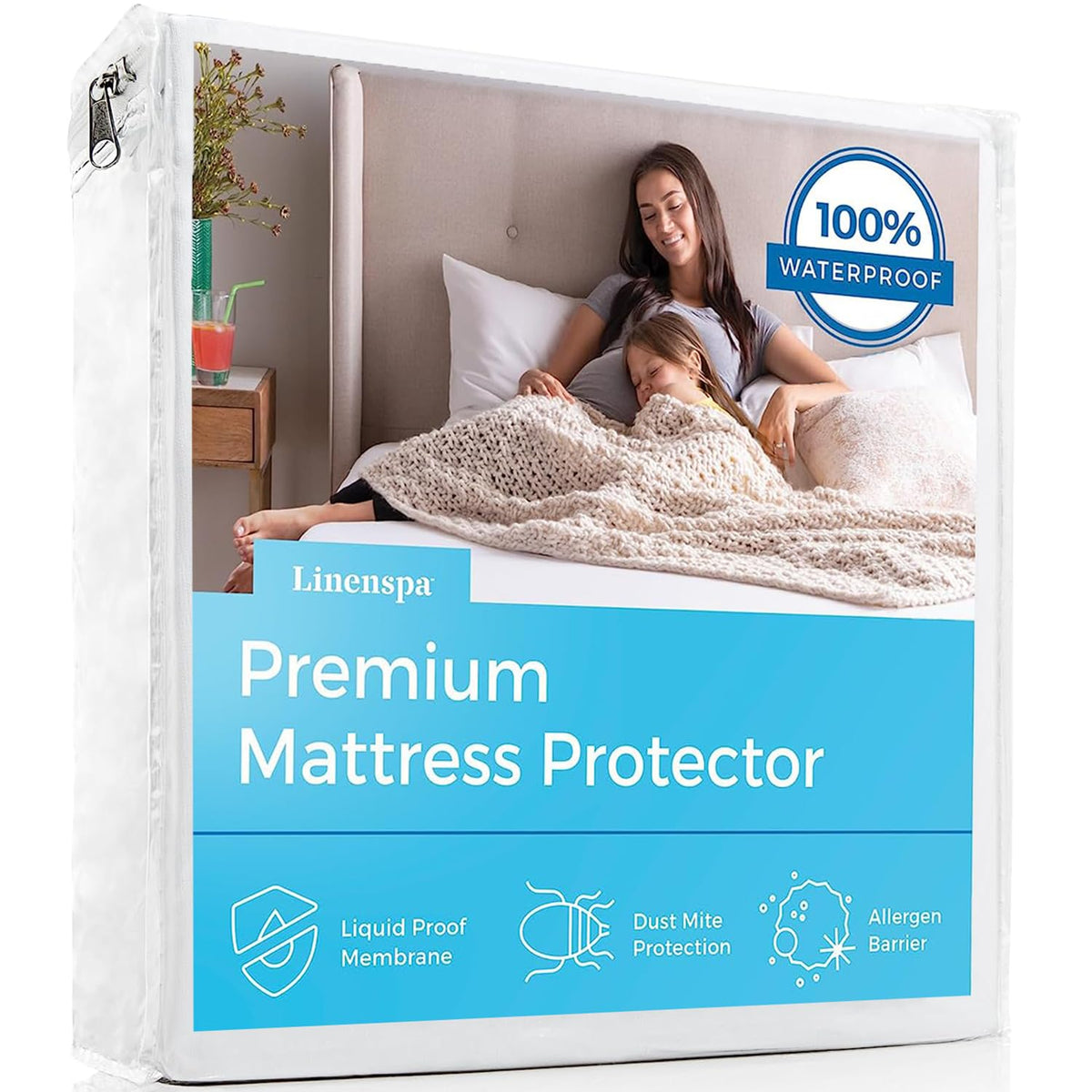 Linenspa Premium Mattress Protector - White - Twin Size - Breathable Polyester - Fitted Style - Waterproof Design - Machine Wash