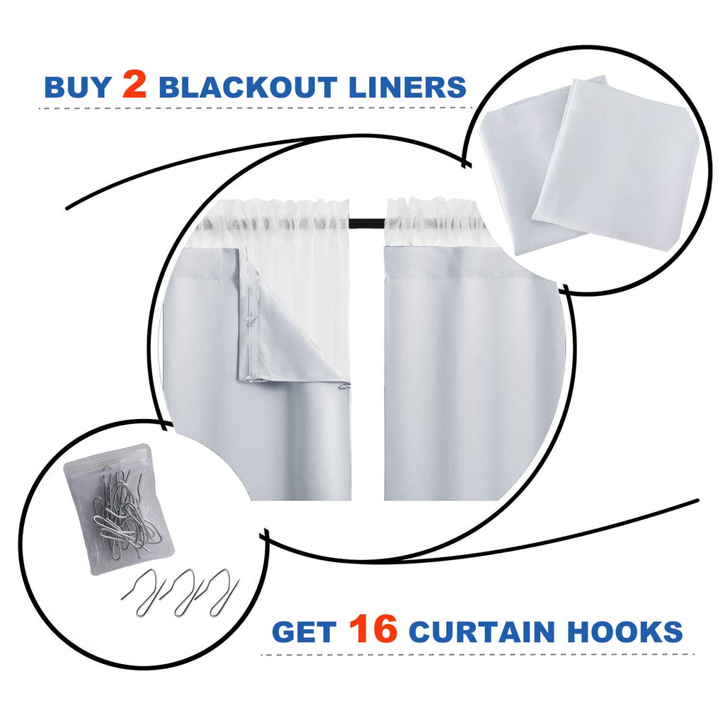 NICETOWN Blackout Curtain Liners - 34"W x 90"L, Greyish White, 2 Panels, Includes Hooks, for 95" Drapes