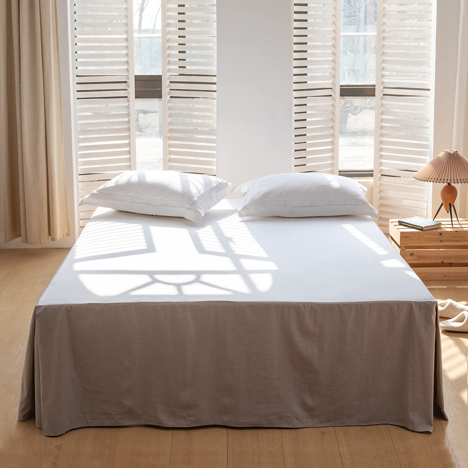 Biselina French Linen Bed Skirt With Pleated Corner 18-Inch Tailored Drop Natural Flax Cotton Blend Basic Dust Ruffle Soft Cozy