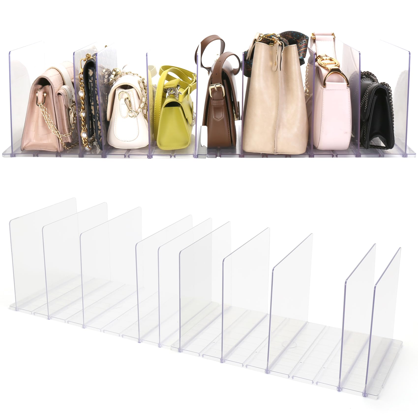 Acrylic Purse Organizer for Closet, Clear Clutch Bag Organizer, Adjustable Shelf Divider for Closet Organizers and Storage, Deta