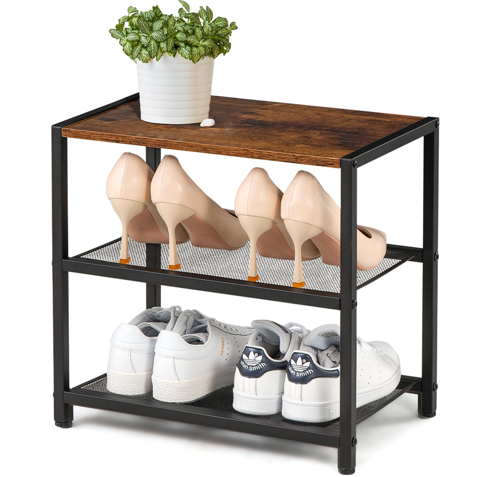 RUNJIMY 3-Tier Small Shoe Rack Wooden Shoe Shelf Storage for Entryway, Closet, Hallway, and Bedroom, Industrial Shoe Organizer w