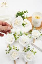Meldel Ivory White Rose Boutonnieres For Men Wedding, Set Of 2, Artificial Corsage For Prom, Groom And Groomsmen Boutonniere For