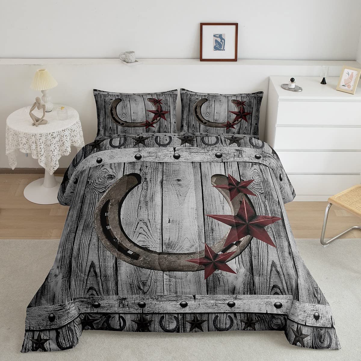 Castle Fairy Grey Rustic Barn Comforter Set Western Cowboy Horseshoe Bedding Set Twin Size For Kids Boys Adults Teens Room Decor