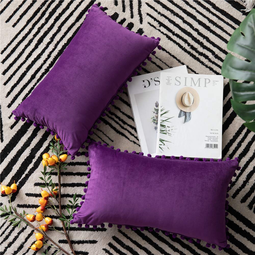 Dezene 18X18 Throw Pillow Cases Purple: 2 Pack Cozy Soft Pom-Poms Velvet Square Decorative Pillow Covers For Farmhouse Home Deco