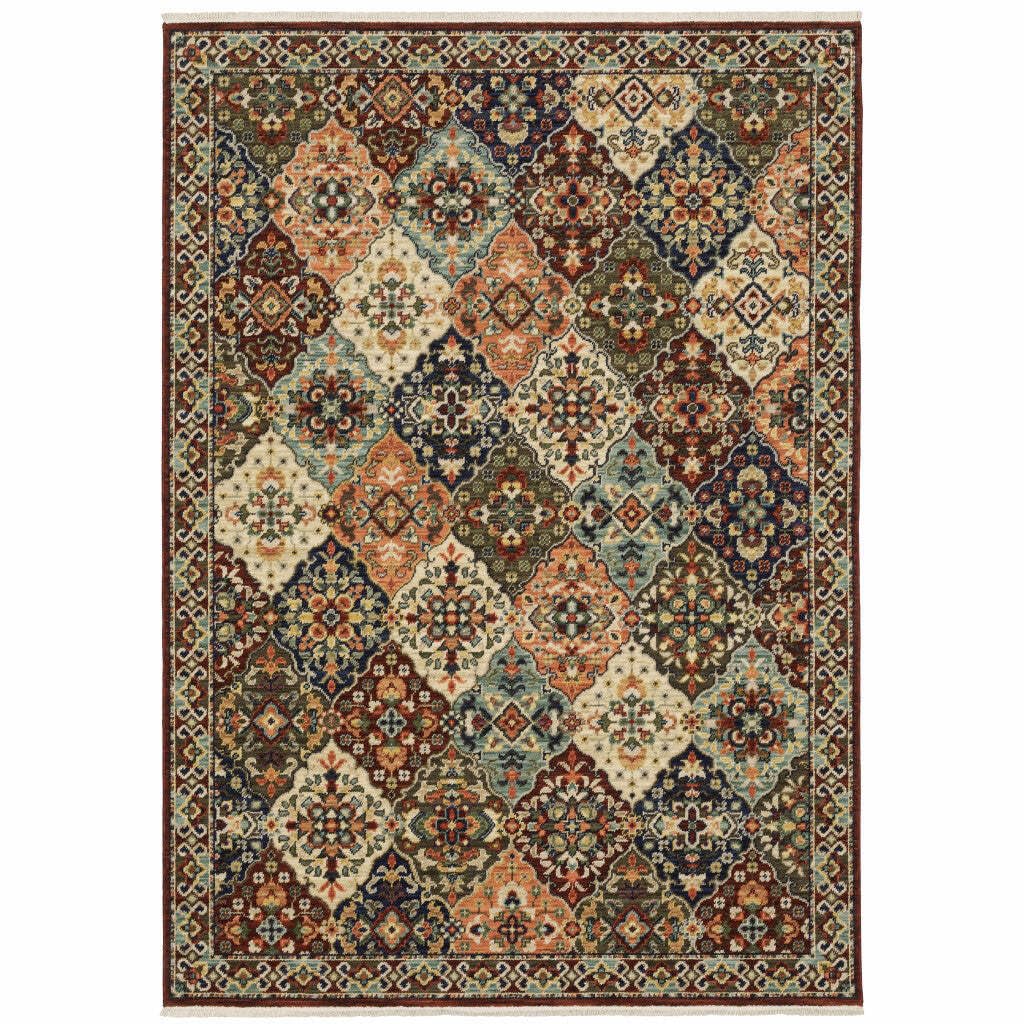 HomeRoots 509274 10 x 13 ft. Red Rust Navy Light Blue Brown Orange Ivory & Gold Oriental Power Loom Stain Resistant Rectangle Area Rug with Fringe