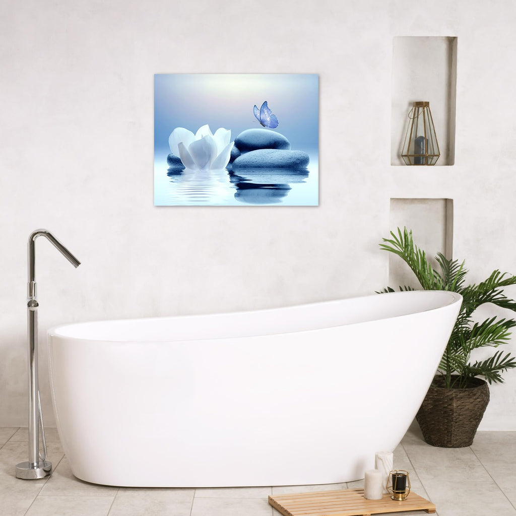 Eobtain Zen Stone Canvas Wall Art White Flower And Blue Butterfly On Lake Wall Art For Bathroom Living Room Bedroom Modern Spiri