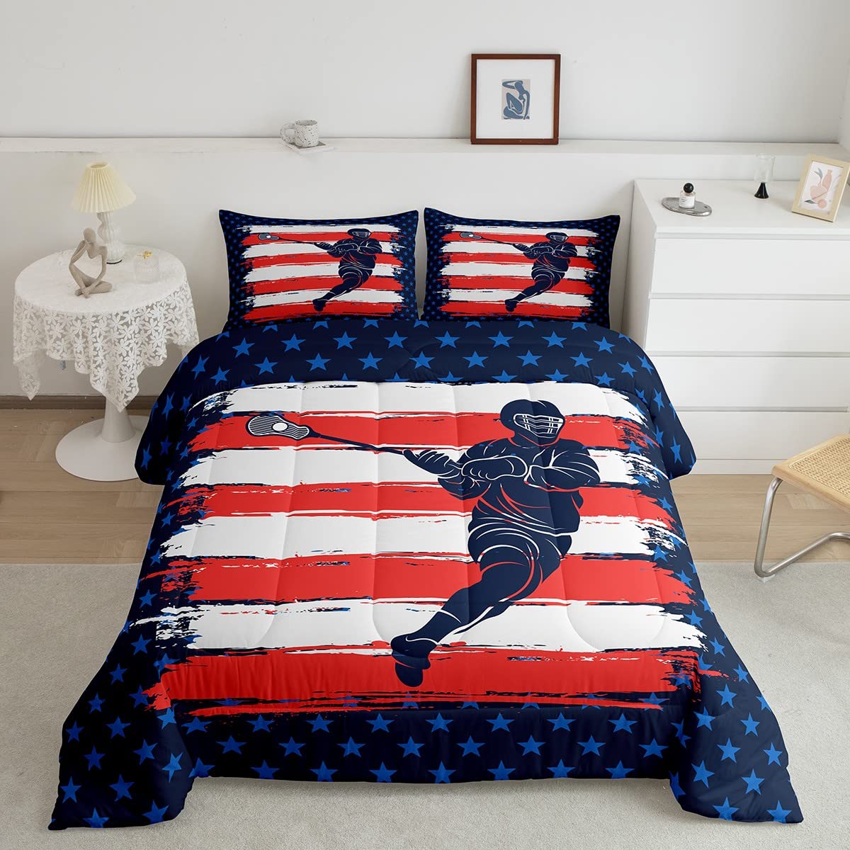 Feelyou Lacrosse Comforter Set King Size Boys Gilrs American Flag Sports Bedding Set For Kids Adults Soft Lacrosse Player Games