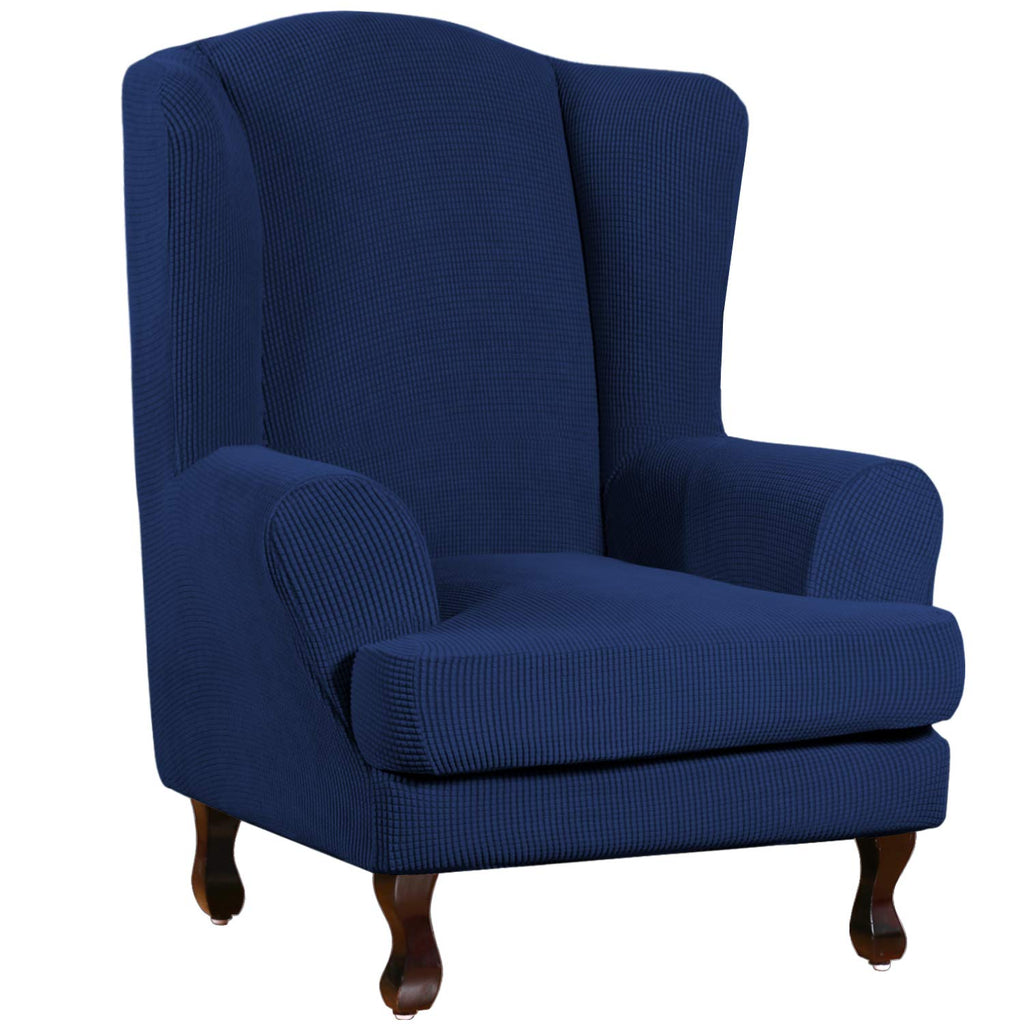 Turquoize Wingback Chair Covers 2 Piece Wing Chair Slipcover Stretch Slipcovers For Wingback Chairs Wing Chair Cover Spandex Jacquard Fabric With Elastic Bottom Non-Slip Furniture Cover, Navy