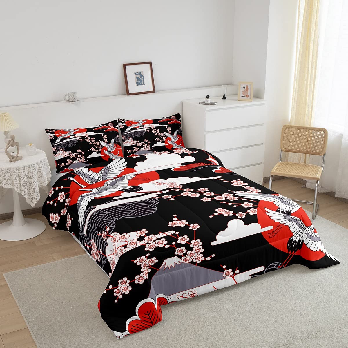 Japanese-Style Comforter Set King Size Pink Cherry Blossoms Bedding For Boys Girls Women Soft Microfiber 3 Pieces Quilted Duvet