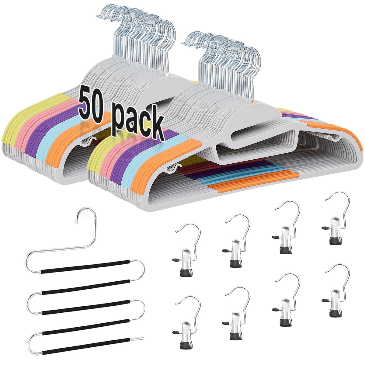 VECELO 50 Pack Coat Hangers, Premium Quality Plastic Suit Clothes Hanger, Non-Slip, Heavy-Duty, S-Shaped Opening, 360 Swivel Hoo