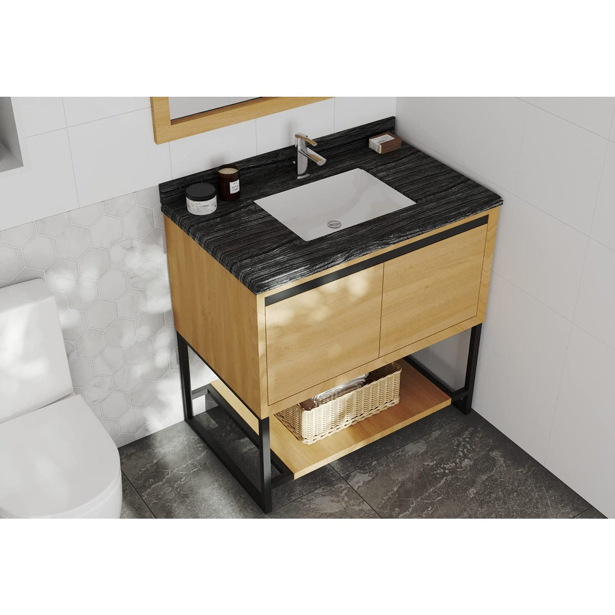 Laviva Alto 36 - California White Oak Cabinet Black Wood Marble Countertop