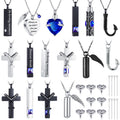 Huquary 16 Pcs Urn Necklace for Ashes Waterproof Stainless Steel Carved Ashes Locket with 8 Filling Kit Heart Cylinder Cross Cub