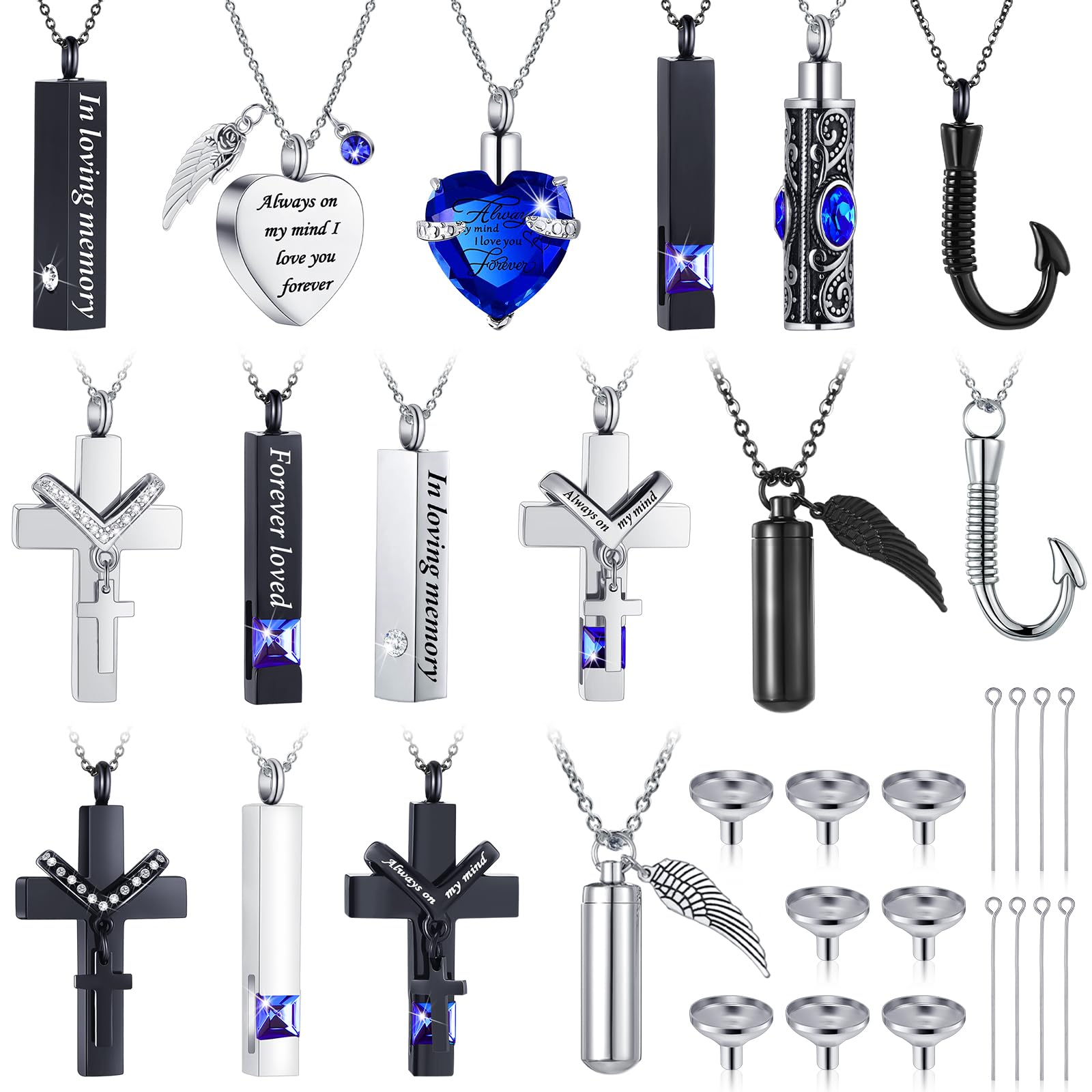 Huquary 16 Pcs Urn Necklace for Ashes Waterproof Stainless Steel Carved Ashes Locket with 8 Filling Kit Heart Cylinder Cross Cub