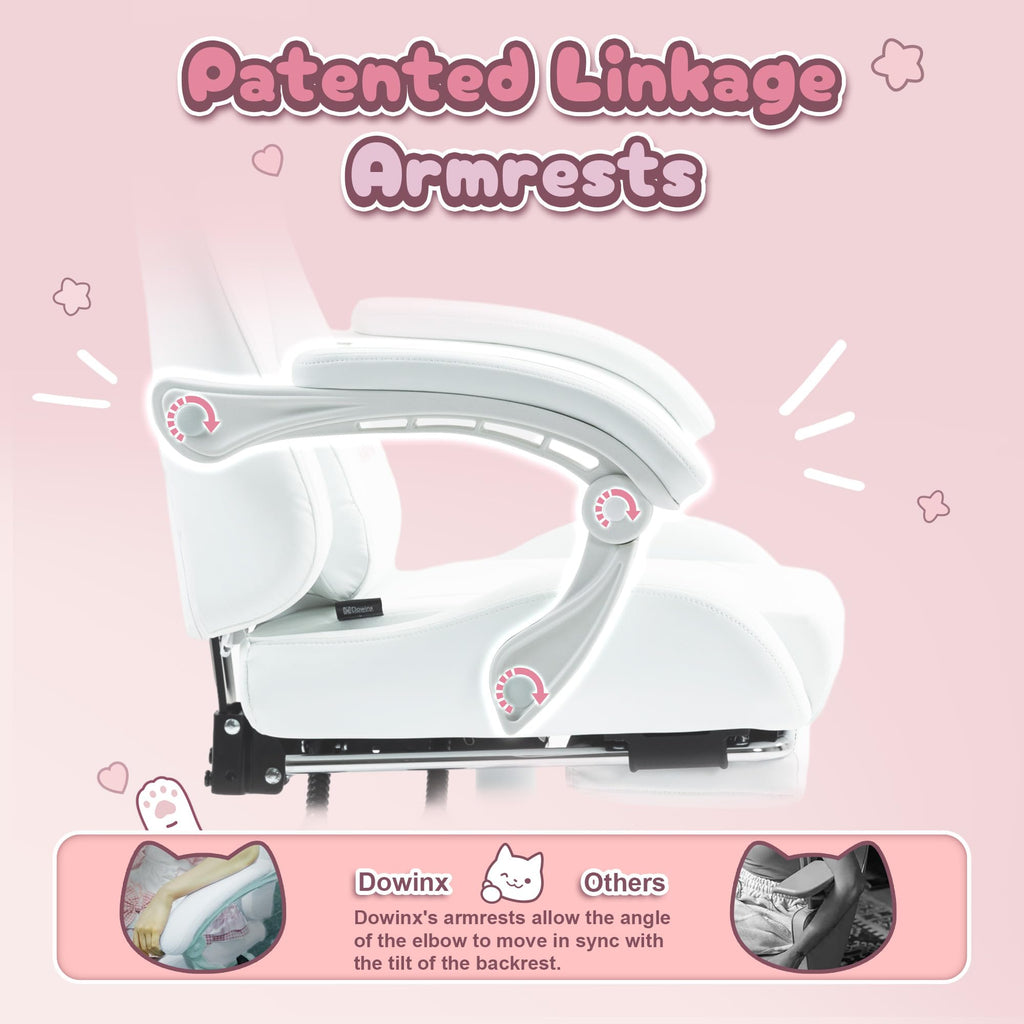 Dowinx Gaming Chair Cute With Cat Ears And Massage Lumbar Support, Ergonomic Computer Chair For Girl With Footrest And Headrest, Comfortable Reclining Game Chair 290Lbs For Adult, Teen, White
