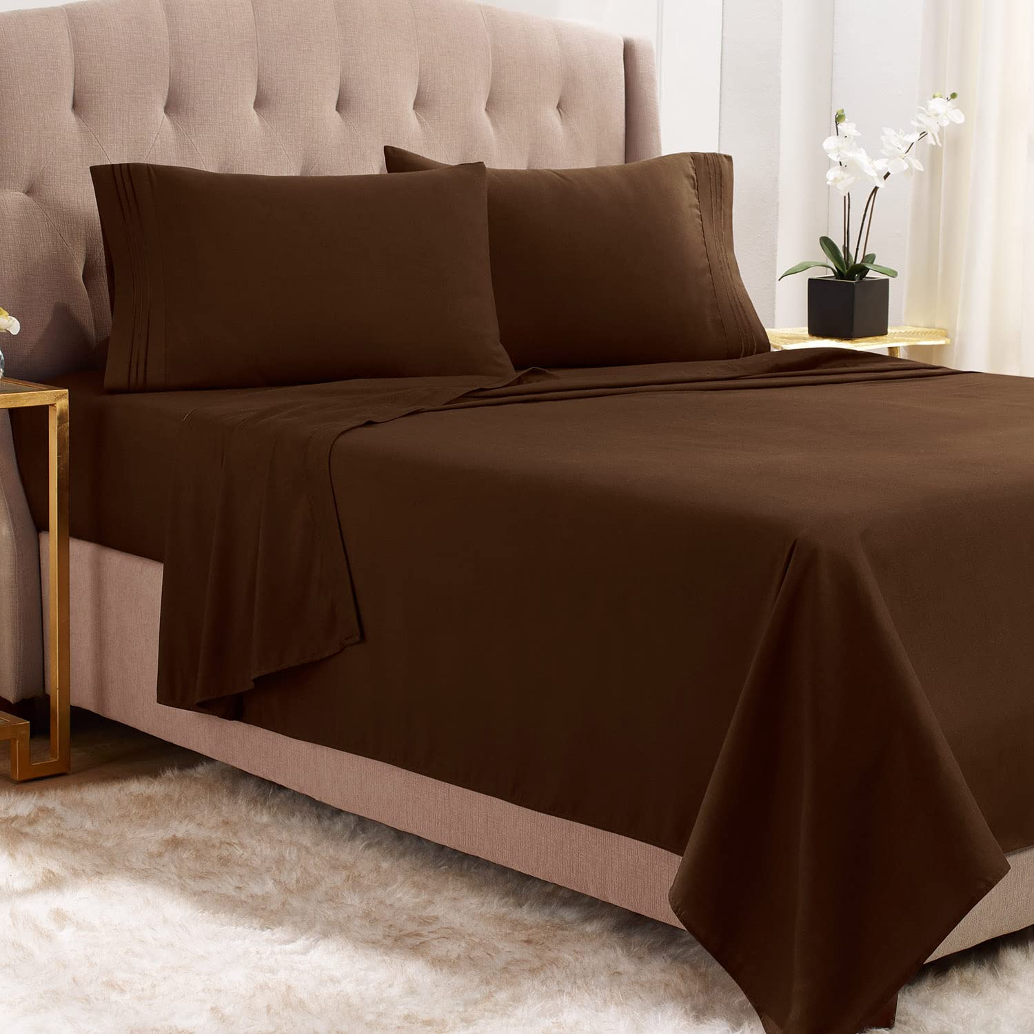 Empyrean California King Sheet Sets - 4 Pc Super Soft Kingsize Bed Sheets - Double Brushed Microfiber Sheets - Hotel Luxury Choc
