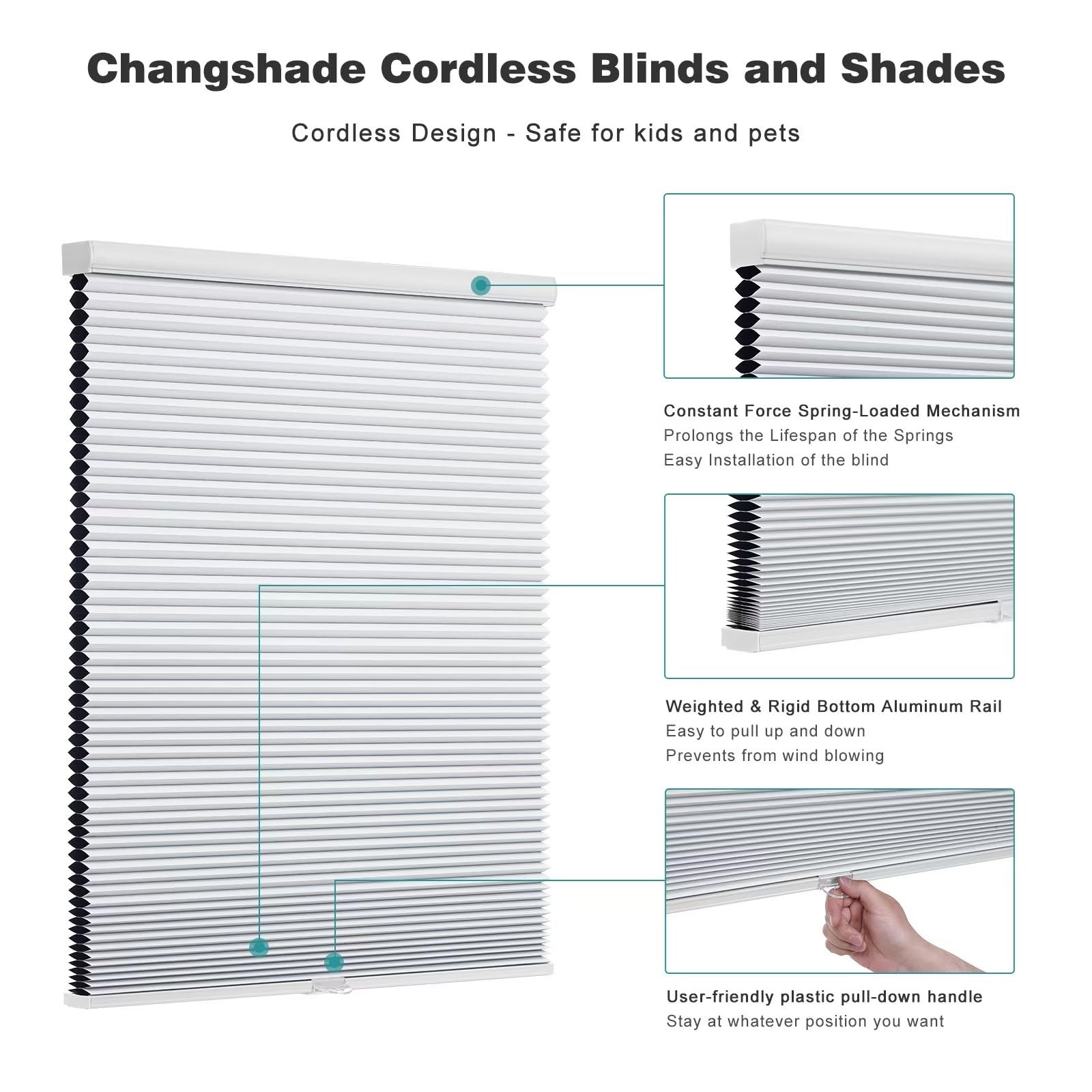 Changshade Cordless Blackout Cellular Shade, Honeycomb Shade With The Diameter Of 1.5 Inch Honeycombs, Room Darkening Pleated Wi