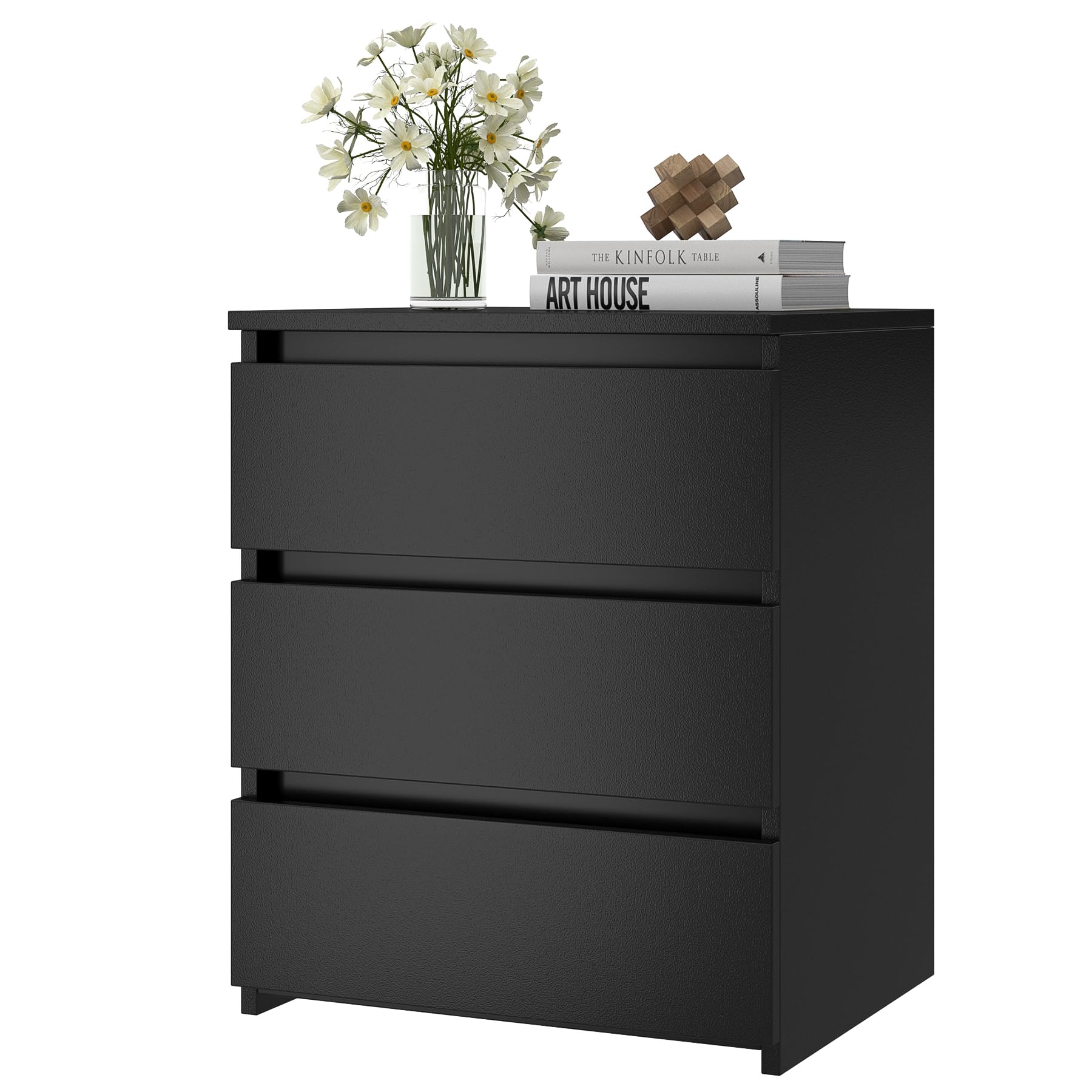 FOTOSOK Black Nightstand with 3 Drawers, Black Bedside Table Night Stand for Bedroom with Cut-Out Handle, Sofa Side Table 3 Draw