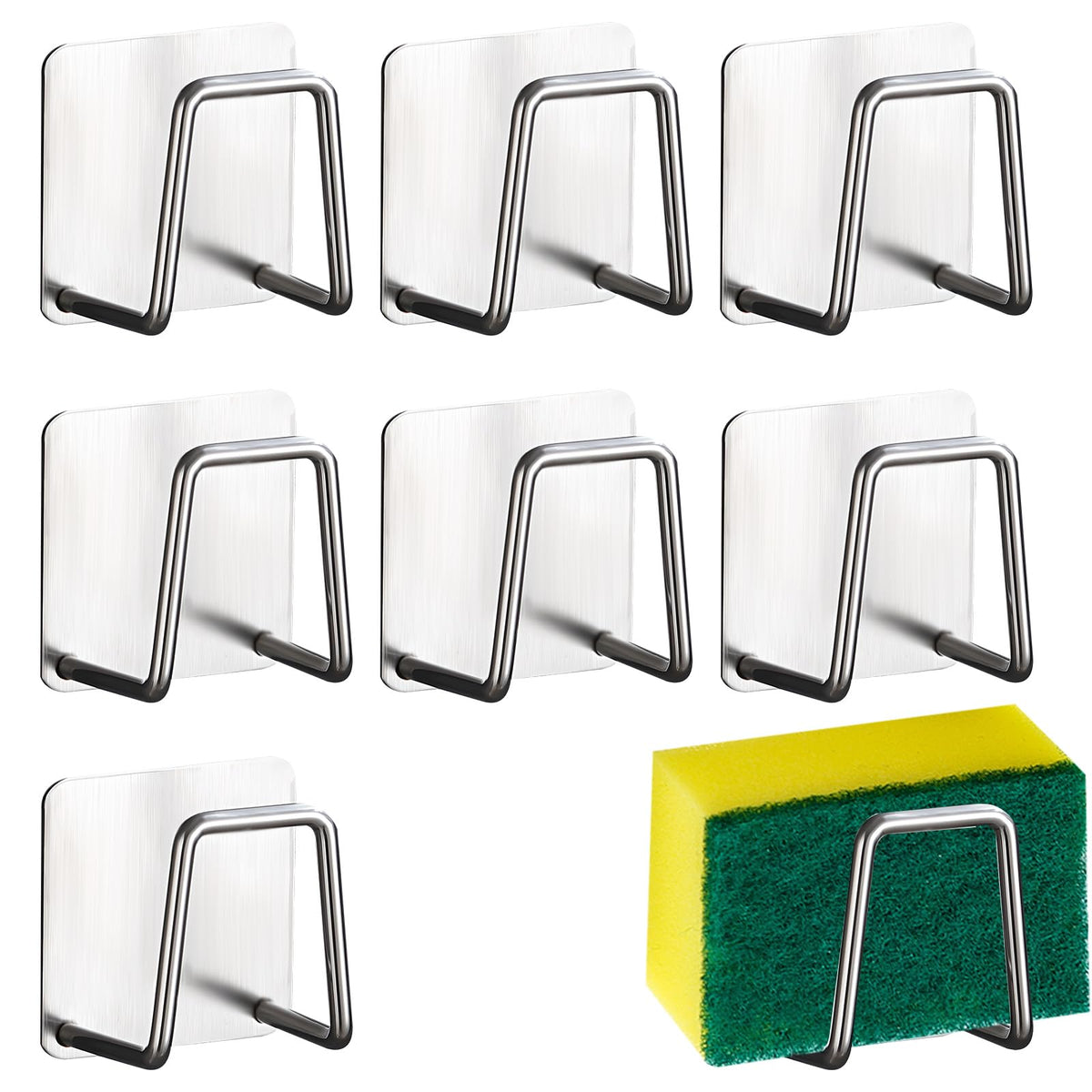 BangBoom 8 Packs Adhesive Stainless Steel Sponge Holder, Stick on Sponge Holder for Kitchen Sink Caddy Accessories, Waterproof R