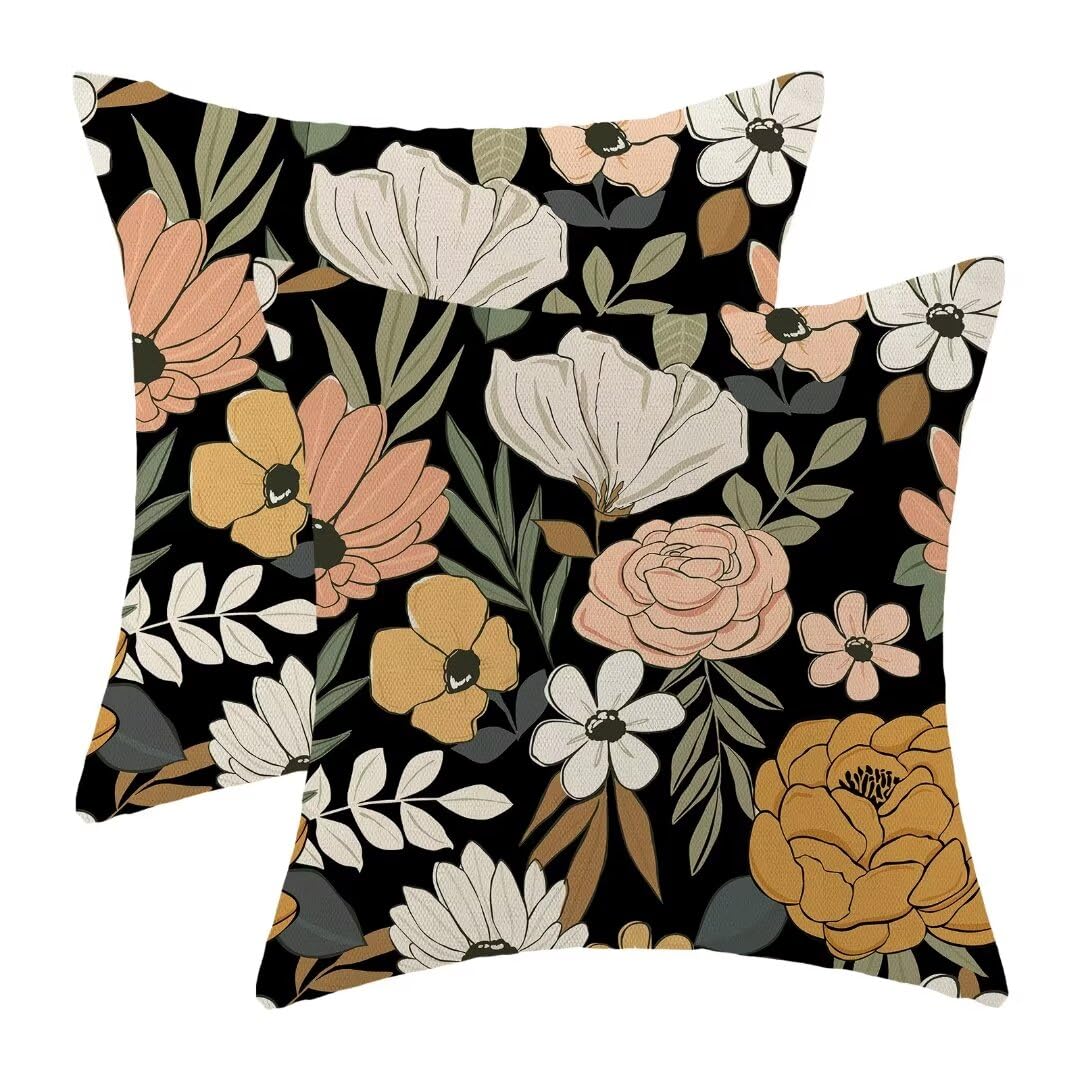 Betginy Spring Floral Throw Pillow Covers 18X18 Set Of 2, Black Floral Decorative Outdoor Pillow Covers Rustic Modern Watercolor