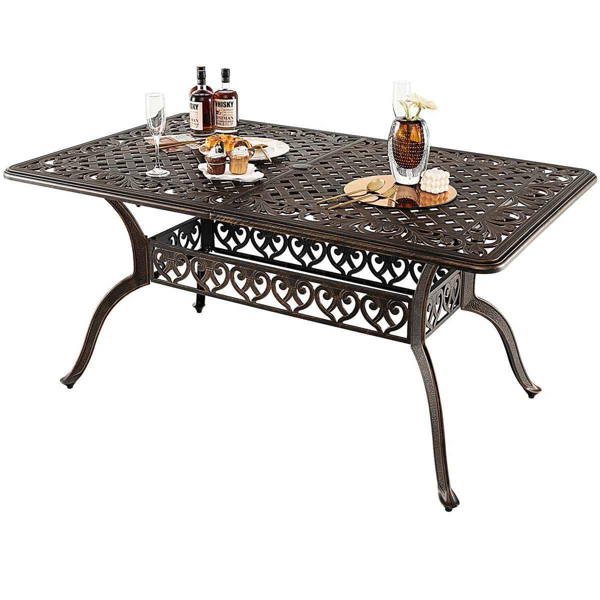 Giantex Patio Dining Table, Cast Aluminum Outdoor Table For 6 Or 8 Persons, Heavy-Duty Structure, Adjustable Footpads, All-Weather Square Umbrella Table With Hole, 59' Lx35.4 Wx28.3 H