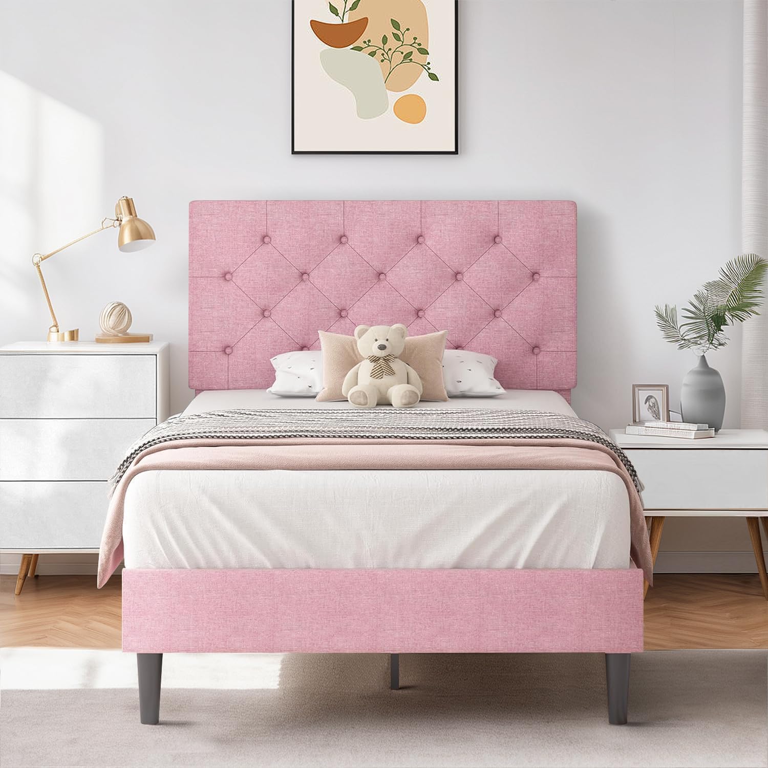 Hombck Twin Size Bed Frame With Headboard, Pink Upholstered Linen Fabric Bed Frame With Wooden Slats, Twin Bed Frames For Girls, Button Tufted Design, No Box Spring Needed, Pink